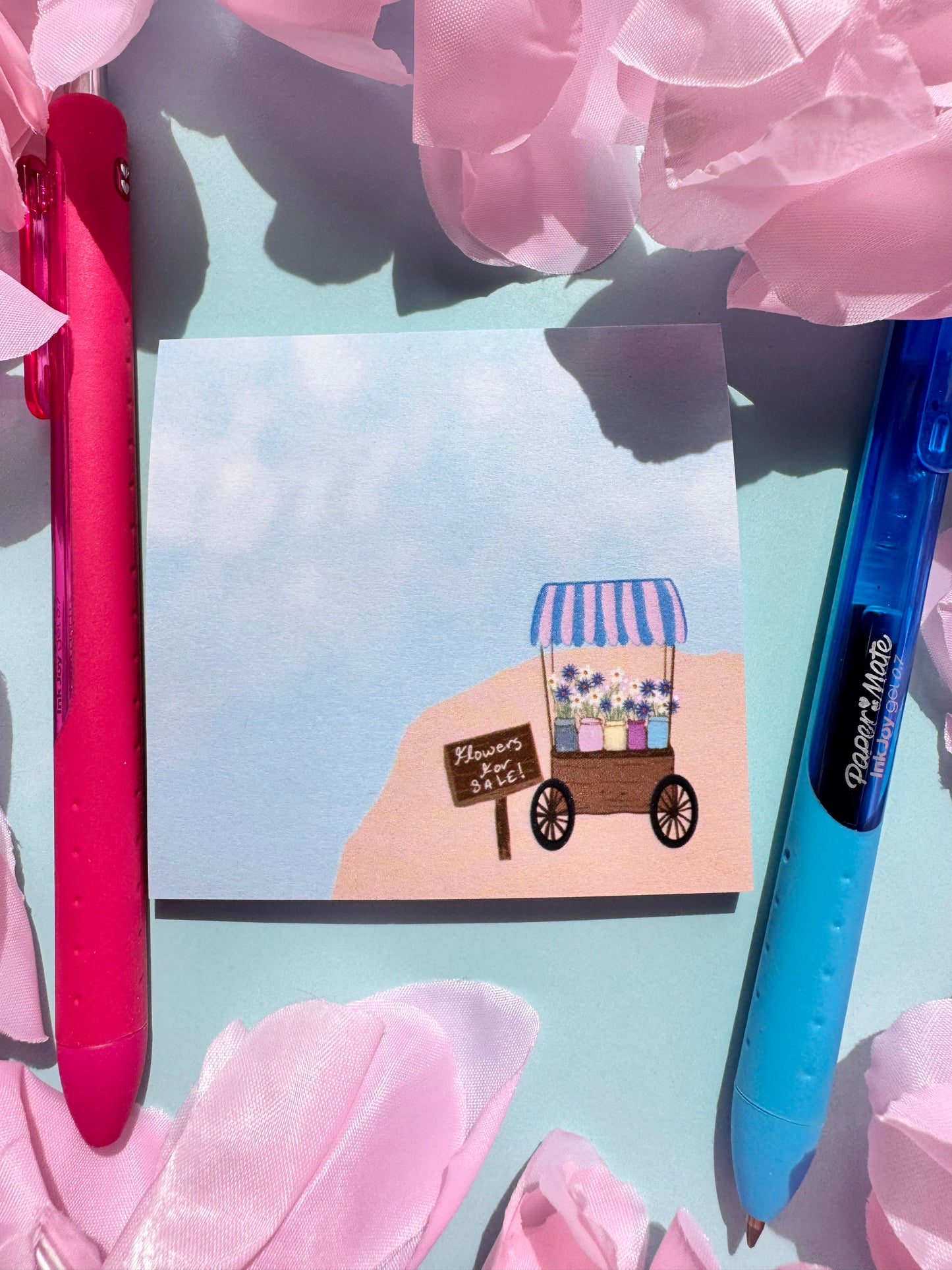 Flower Cart On A Pretty Beach Sticky Note, Flowers For Sale, Post A Note, Notepads For Spring and Summer, Hand Drawn