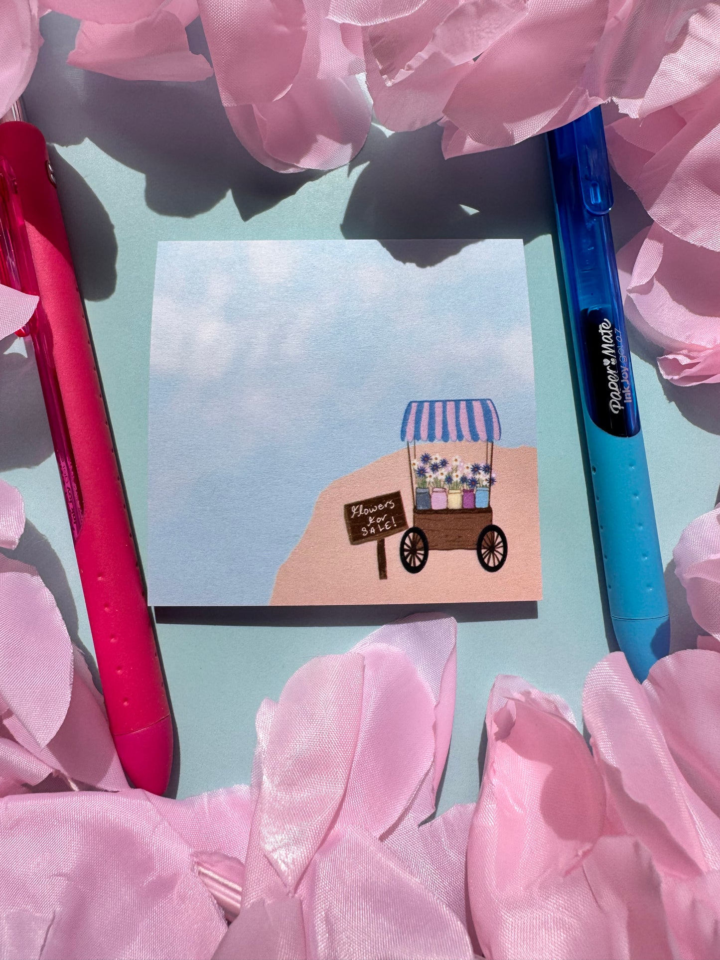 Flower Cart On A Pretty Beach Sticky Note, Flowers For Sale, Post A Note, Notepads For Spring and Summer, Hand Drawn