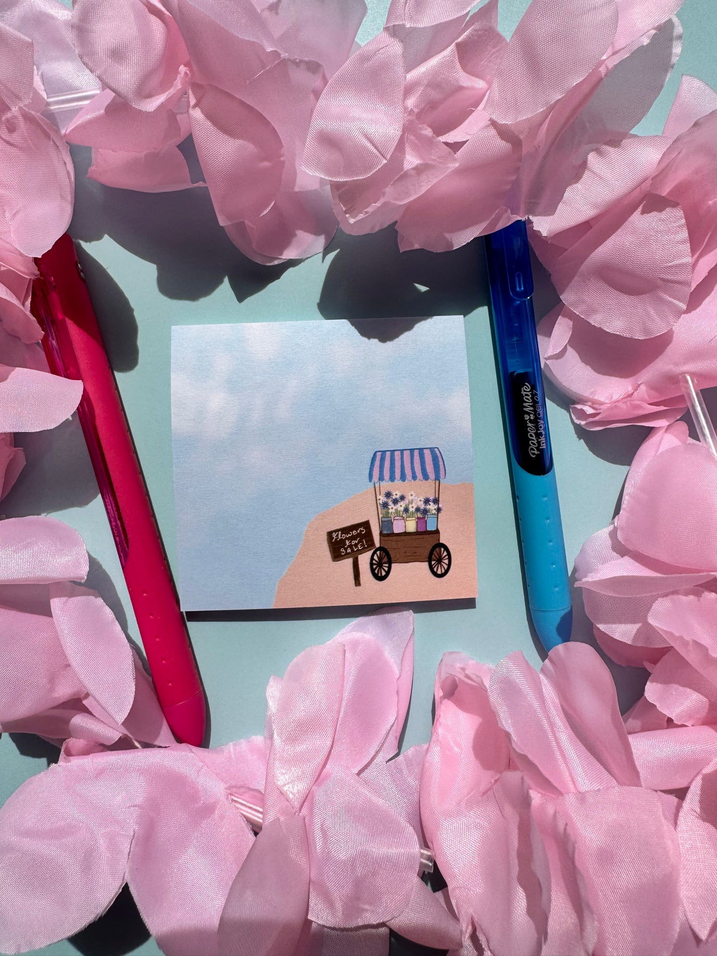 Flower Cart On A Pretty Beach Sticky Note, Flowers For Sale, Post A Note, Notepads For Spring and Summer, Hand Drawn