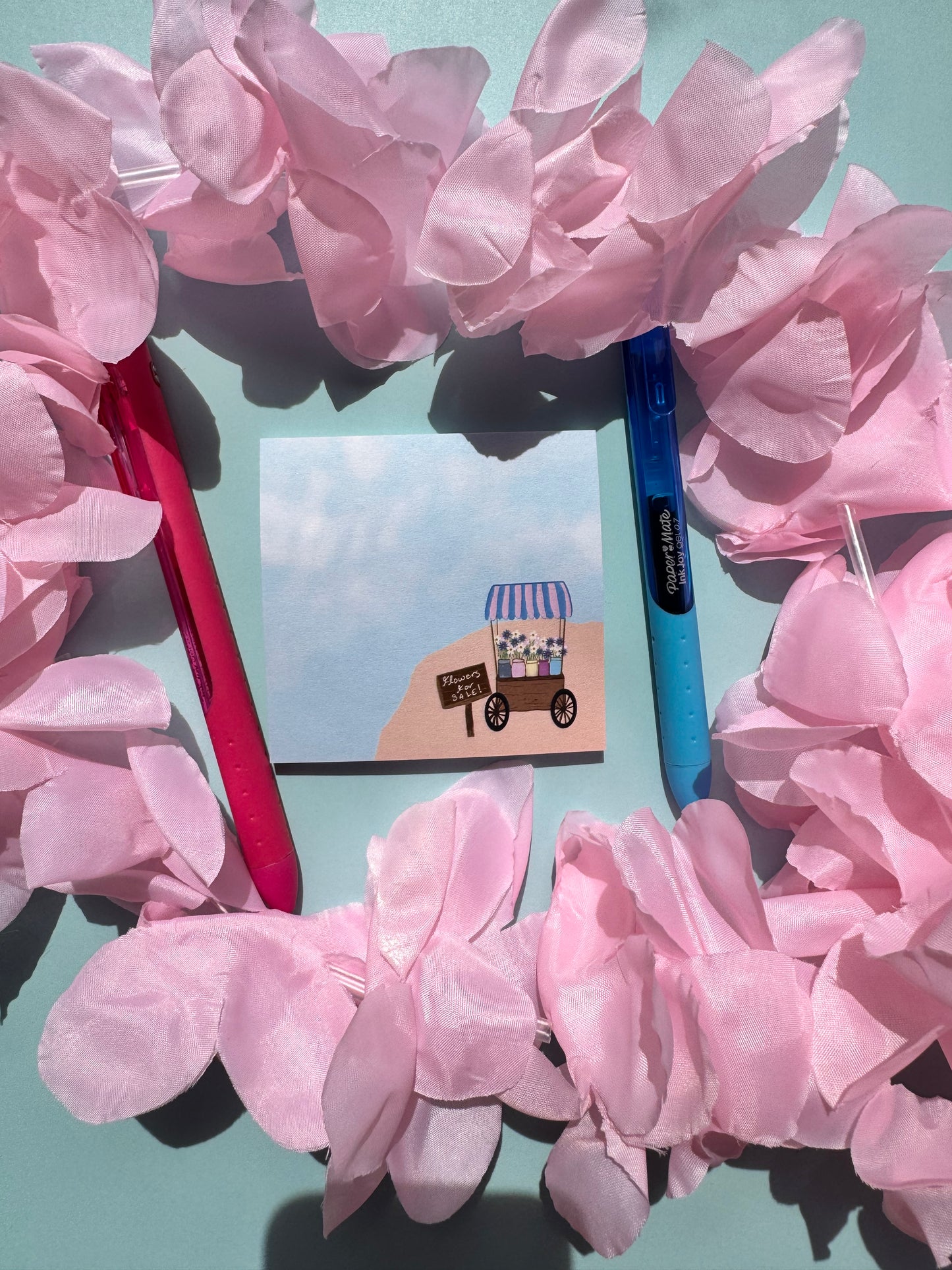 Flower Cart On A Pretty Beach Sticky Note, Flowers For Sale, Post A Note, Notepads For Spring and Summer, Hand Drawn