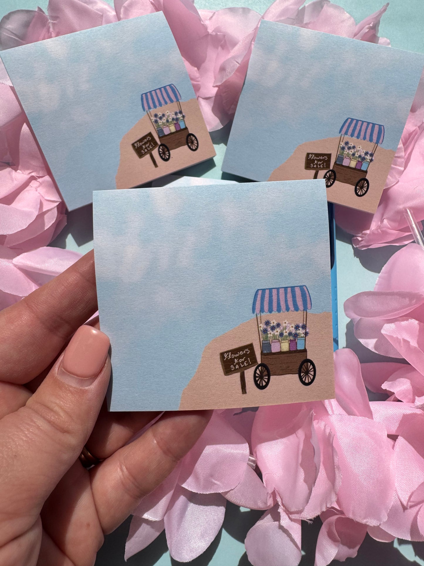 Flower Cart On A Pretty Beach Sticky Note, Flowers For Sale, Post A Note, Notepads For Spring and Summer, Hand Drawn