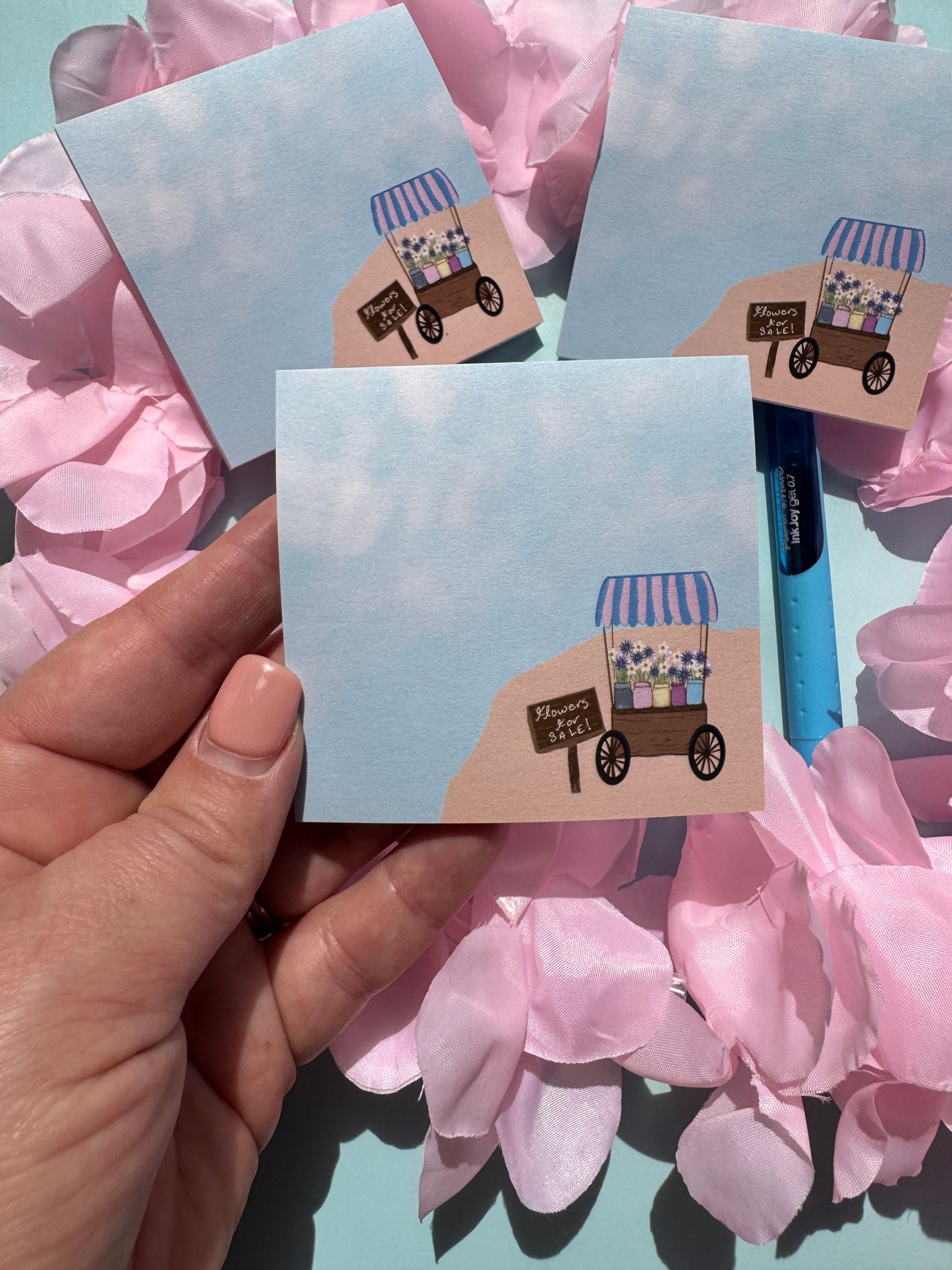 Flower Cart On A Pretty Beach Sticky Note, Flowers For Sale, Post A Note, Notepads For Spring and Summer, Hand Drawn