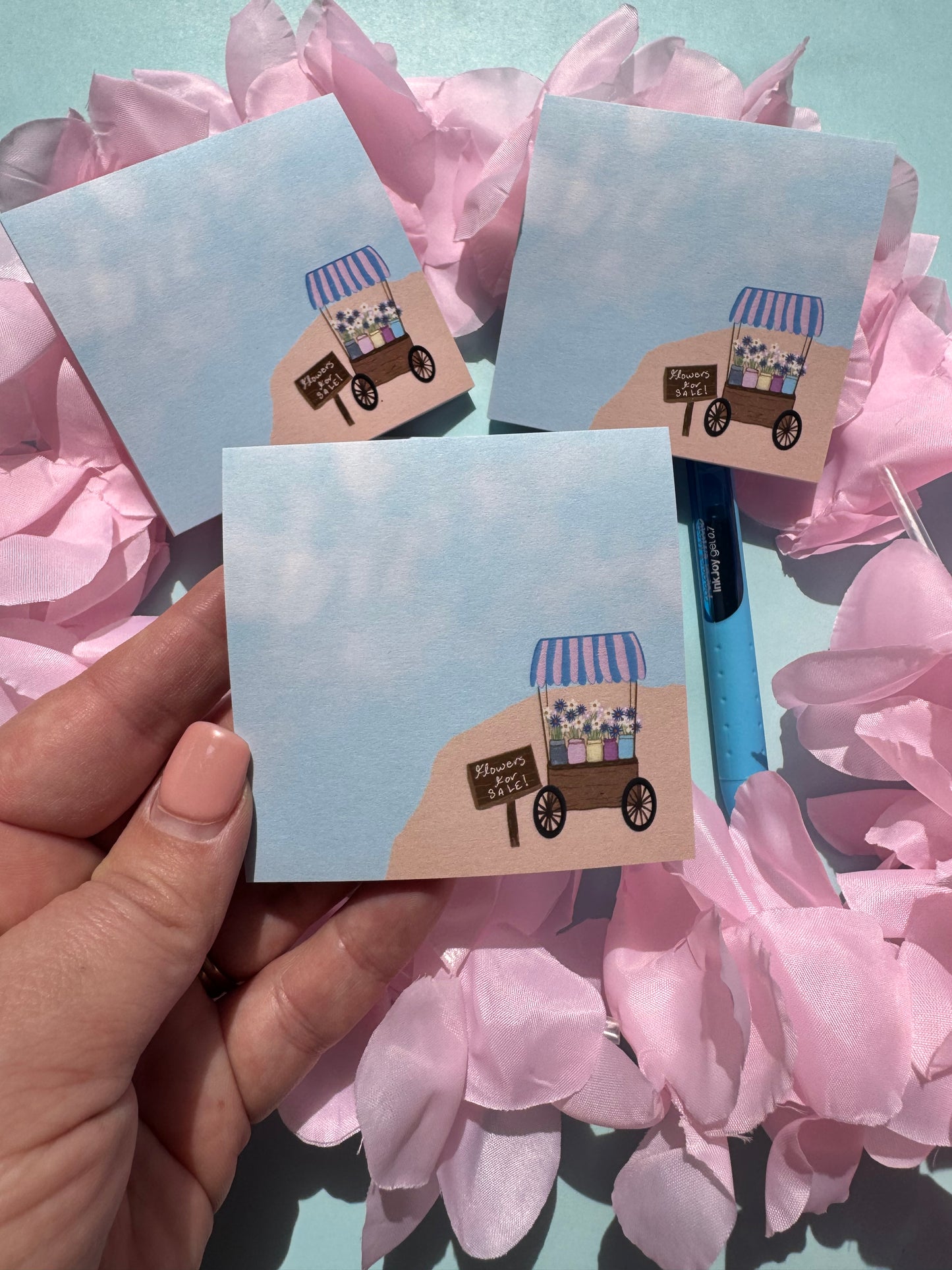 Flower Cart On A Pretty Beach Sticky Note, Flowers For Sale, Post A Note, Notepads For Spring and Summer, Hand Drawn