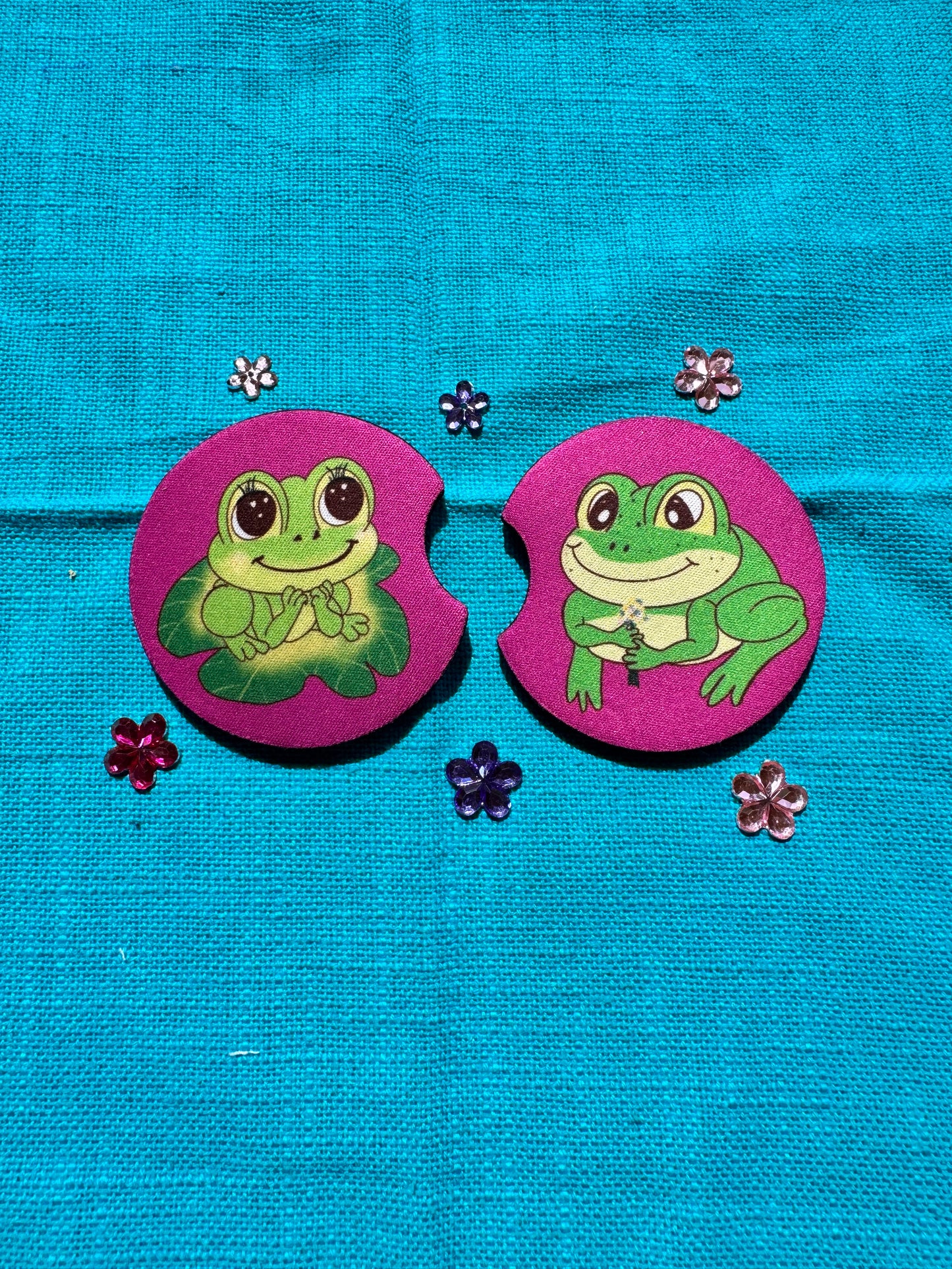 Frog Rubber Car Coasters Set Of 2, Adorable Frog Couple In Love, Boyfriend and Girlfriend