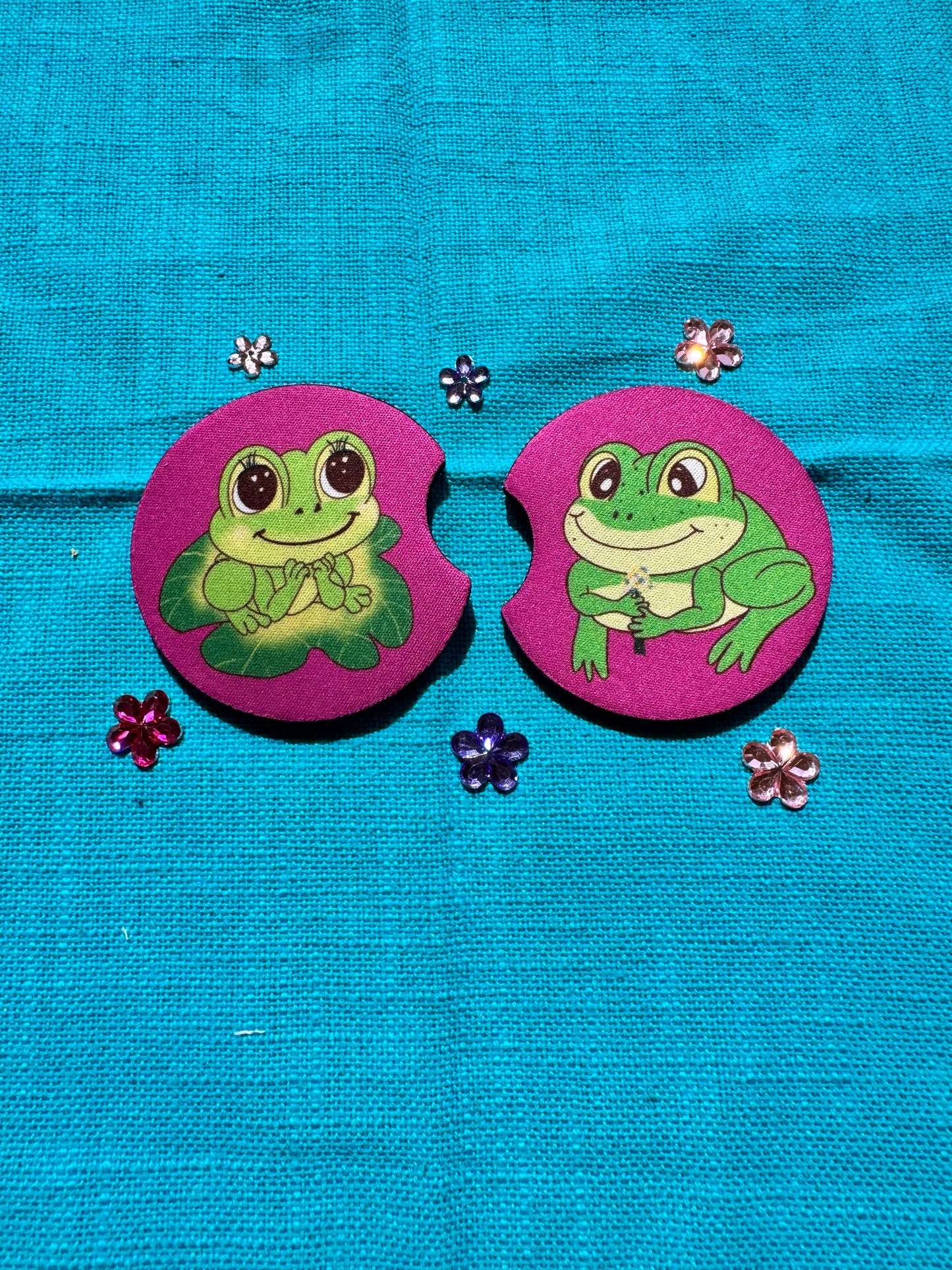 Frog Rubber Car Coasters Set Of 2, Adorable Frog Couple In Love, Boyfriend and Girlfriend