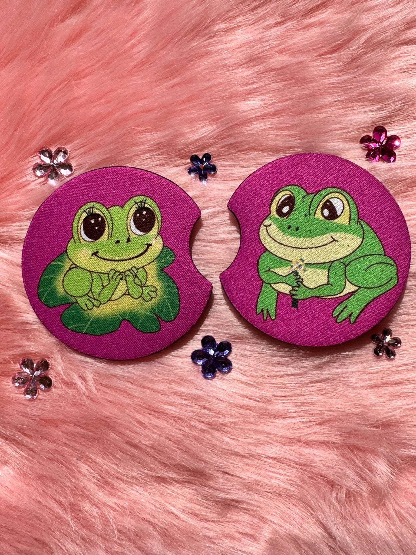 Frog Rubber Car Coasters Set Of 2, Adorable Frog Couple In Love, Boyfriend and Girlfriend