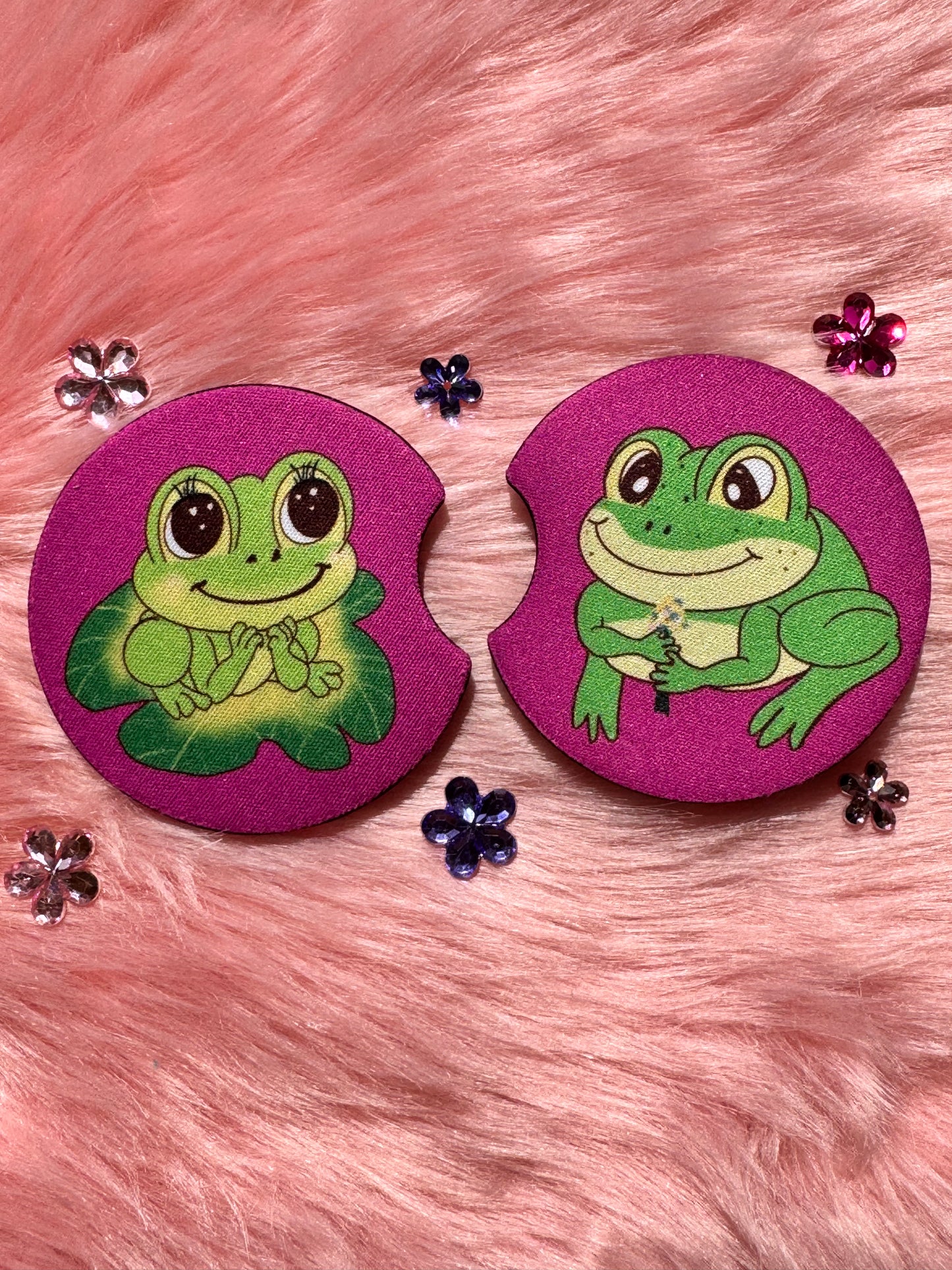 Frog Rubber Car Coasters Set Of 2, Adorable Frog Couple In Love, Boyfriend and Girlfriend