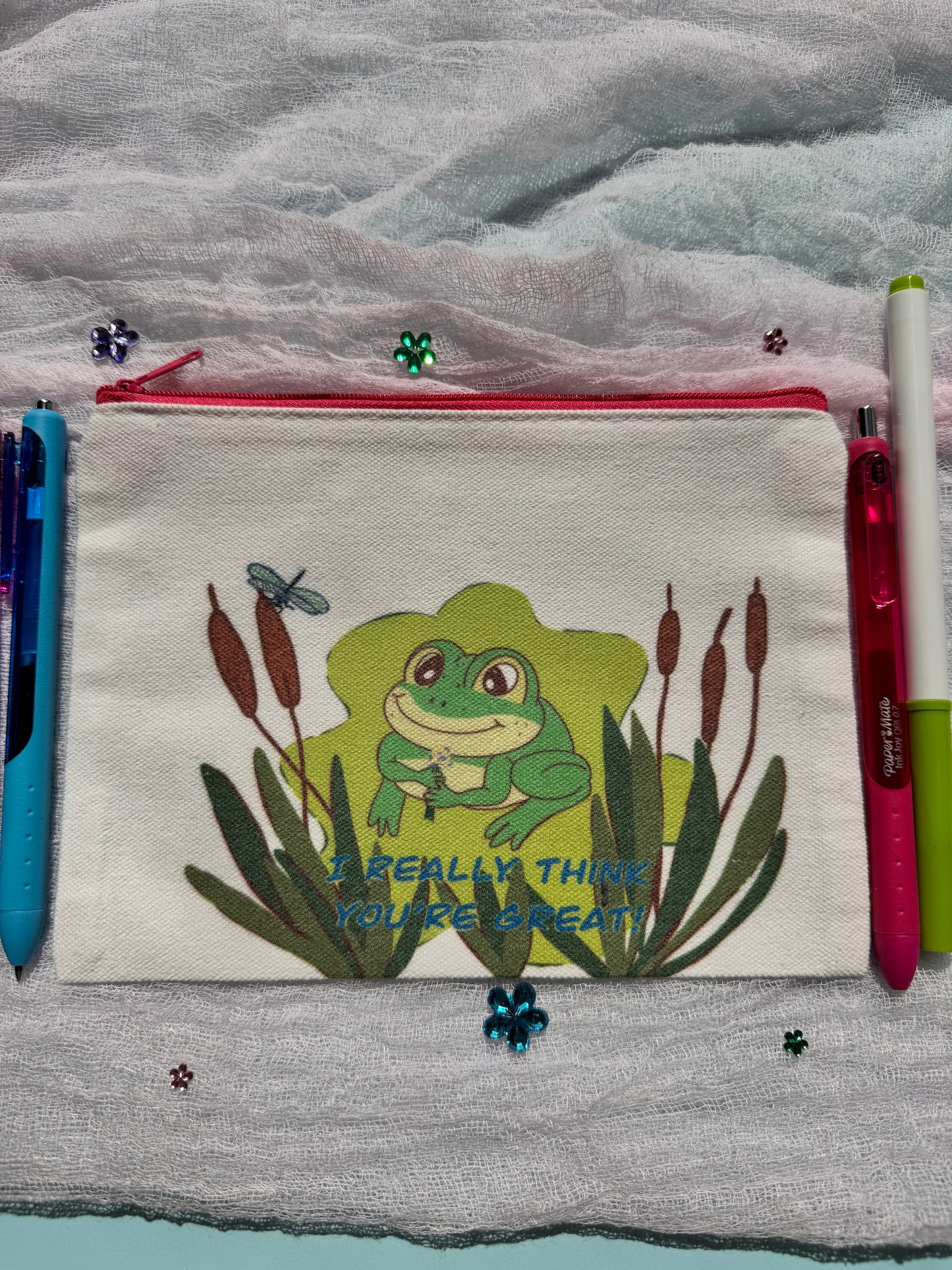 Pencil Pouch, Makeup Bag, Cosmetic Organizer, Bookmark Holder, Adorable Frog Design, Sublimated Zipper Pouch