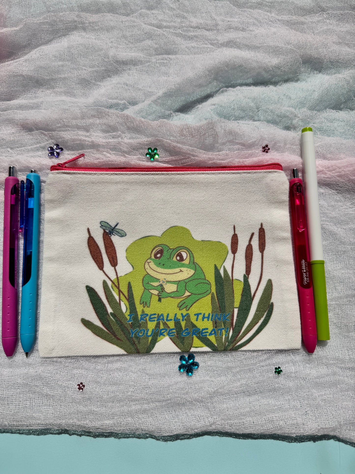 Pencil Pouch, Makeup Bag, Cosmetic Organizer, Bookmark Holder, Adorable Frog Design, Sublimated Zipper Pouch