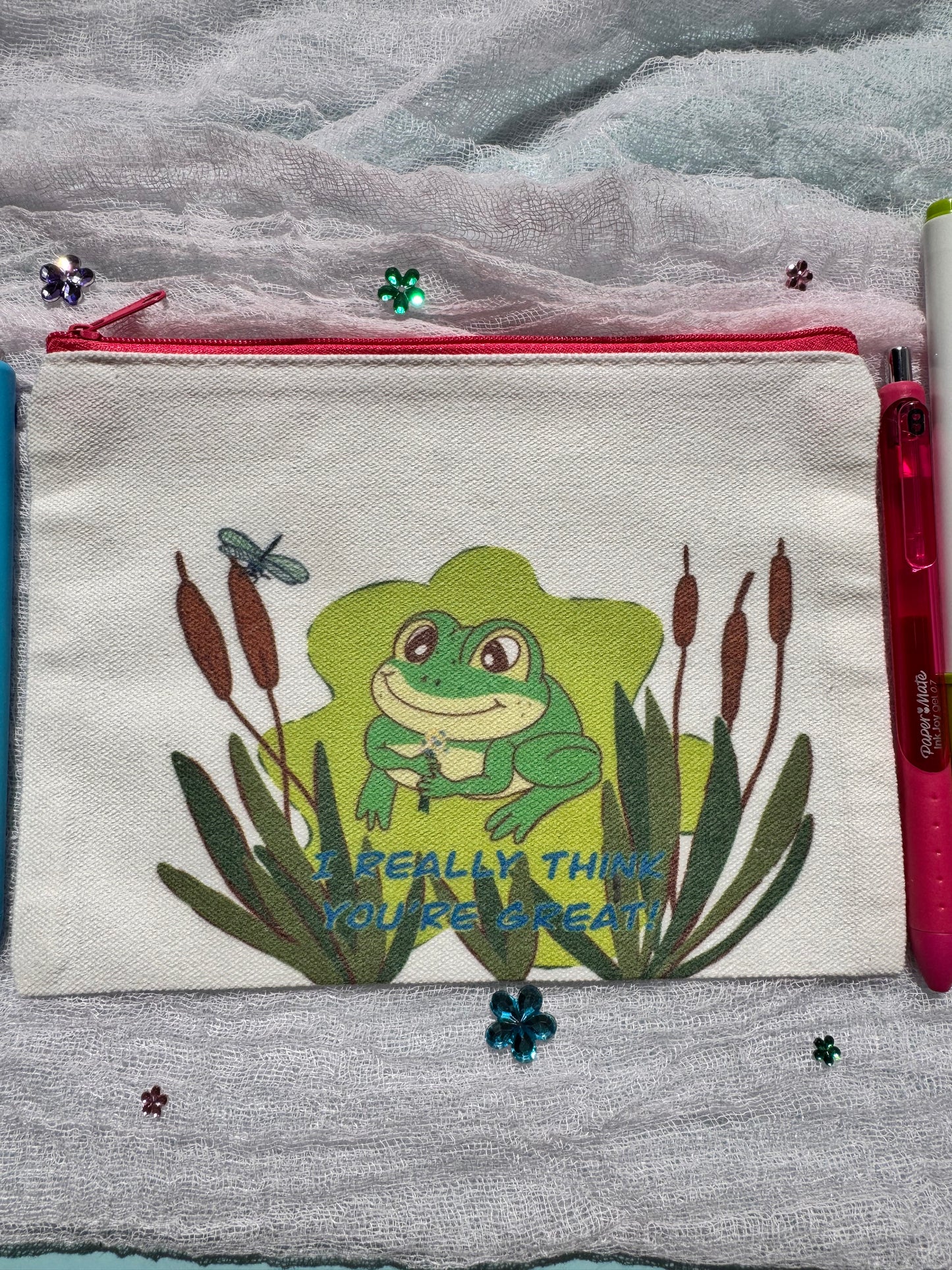 Pencil Pouch, Makeup Bag, Cosmetic Organizer, Bookmark Holder, Adorable Frog Design, Sublimated Zipper Pouch