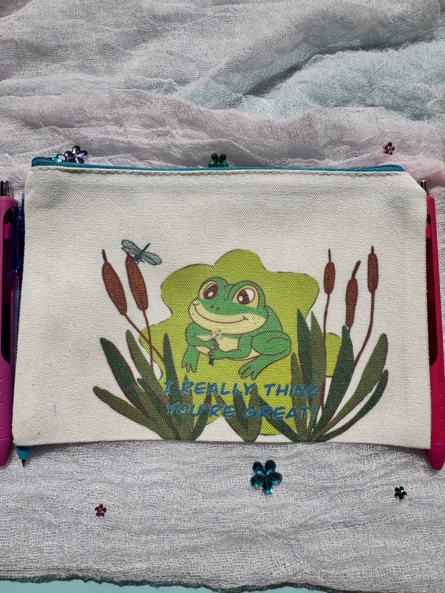 Pencil Pouch, Makeup Bag, Cosmetic Organizer, Bookmark Holder, Adorable Frog Design, Sublimated Zipper Pouch