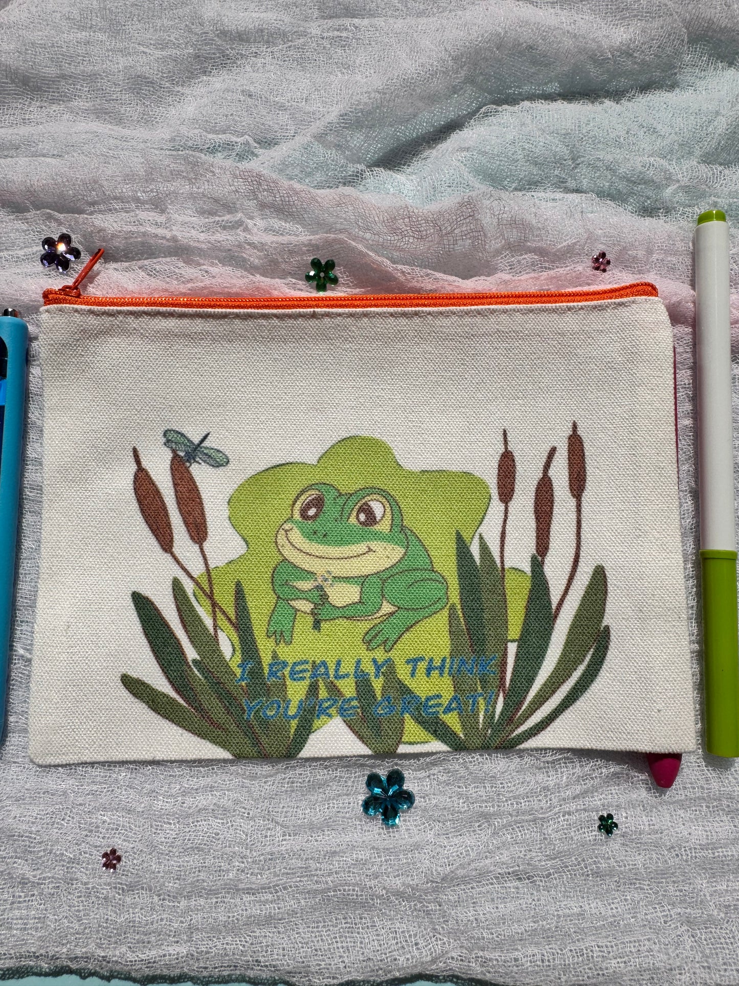 Pencil Pouch, Makeup Bag, Cosmetic Organizer, Bookmark Holder, Adorable Frog Design, Sublimated Zipper Pouch