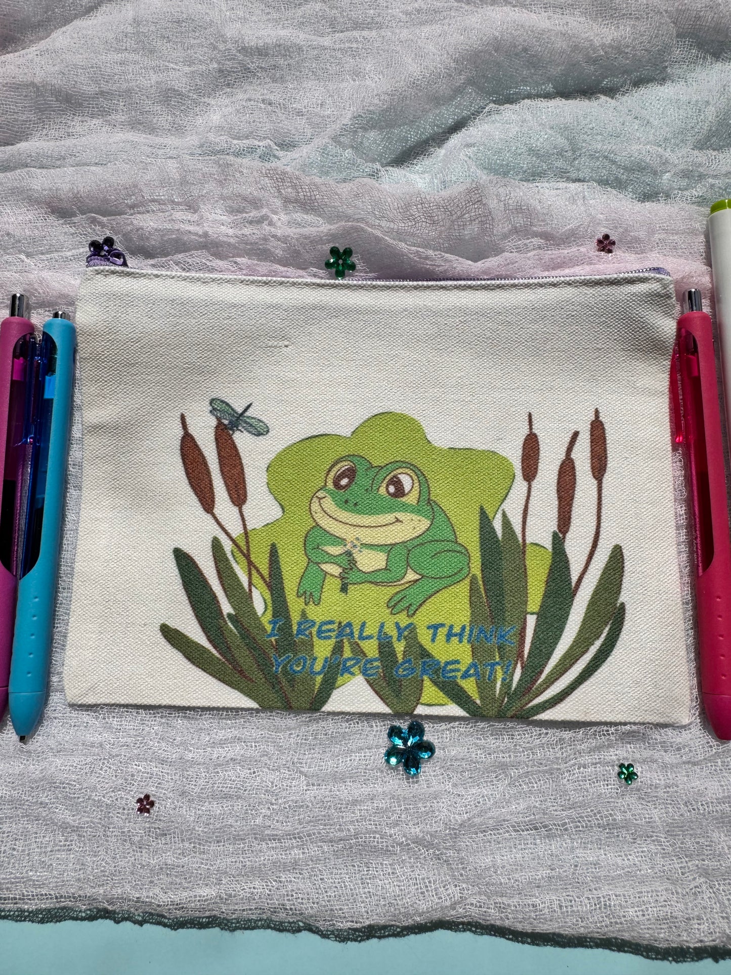 Pencil Pouch, Makeup Bag, Cosmetic Organizer, Bookmark Holder, Adorable Frog Design, Sublimated Zipper Pouch