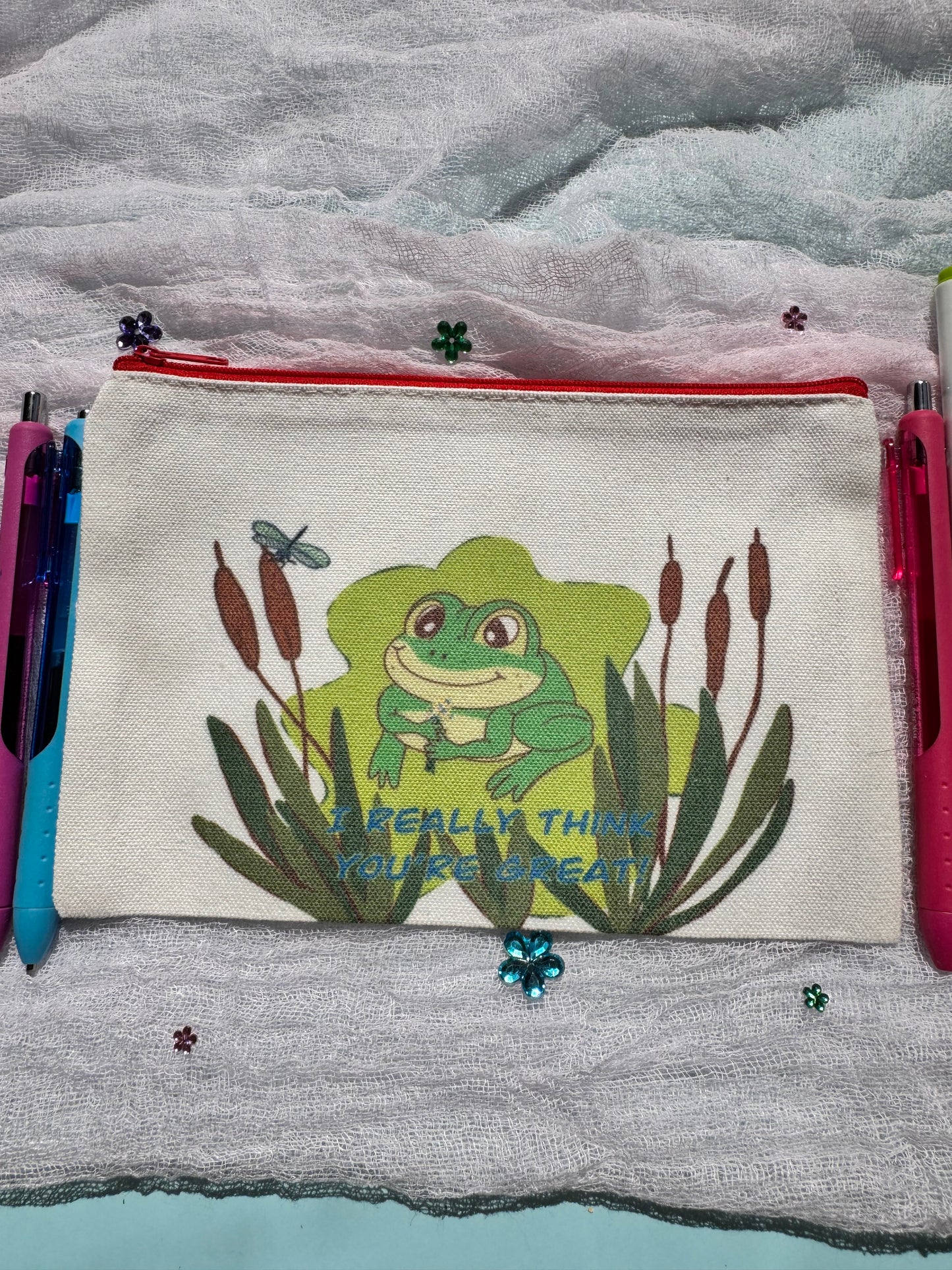 Pencil Pouch, Makeup Bag, Cosmetic Organizer, Bookmark Holder, Adorable Frog Design, Sublimated Zipper Pouch