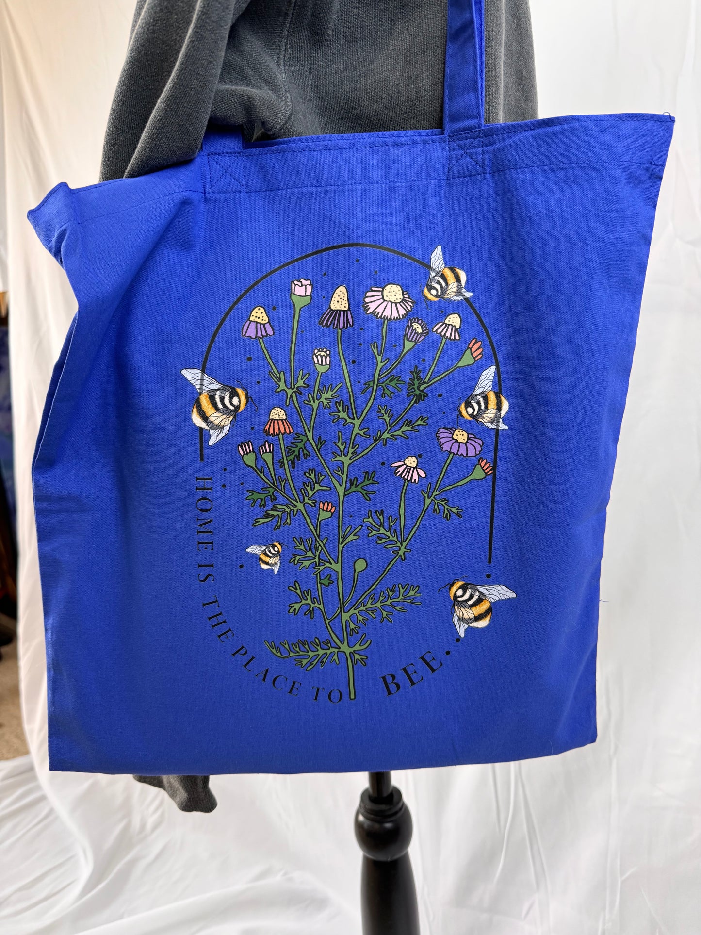 Home Is The Place To Bee Blue Tote Bag, Reusable Grocery Bag With Pretty Floral and Bee Design For Homebodies