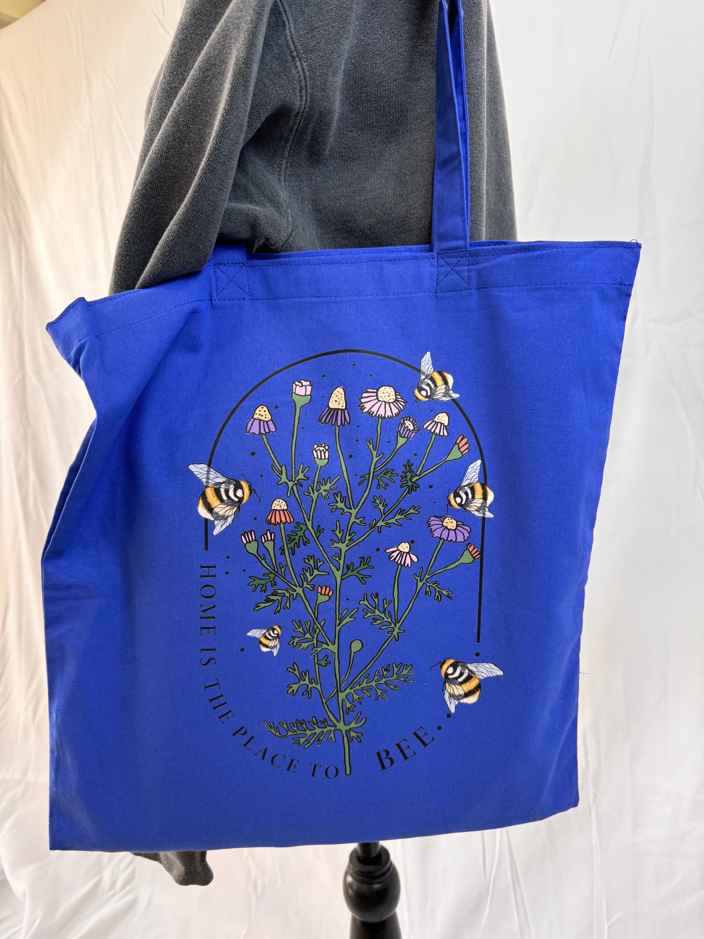 Home Is The Place To Bee Blue Tote Bag, Reusable Grocery Bag With Pretty Floral and Bee Design For Homebodies