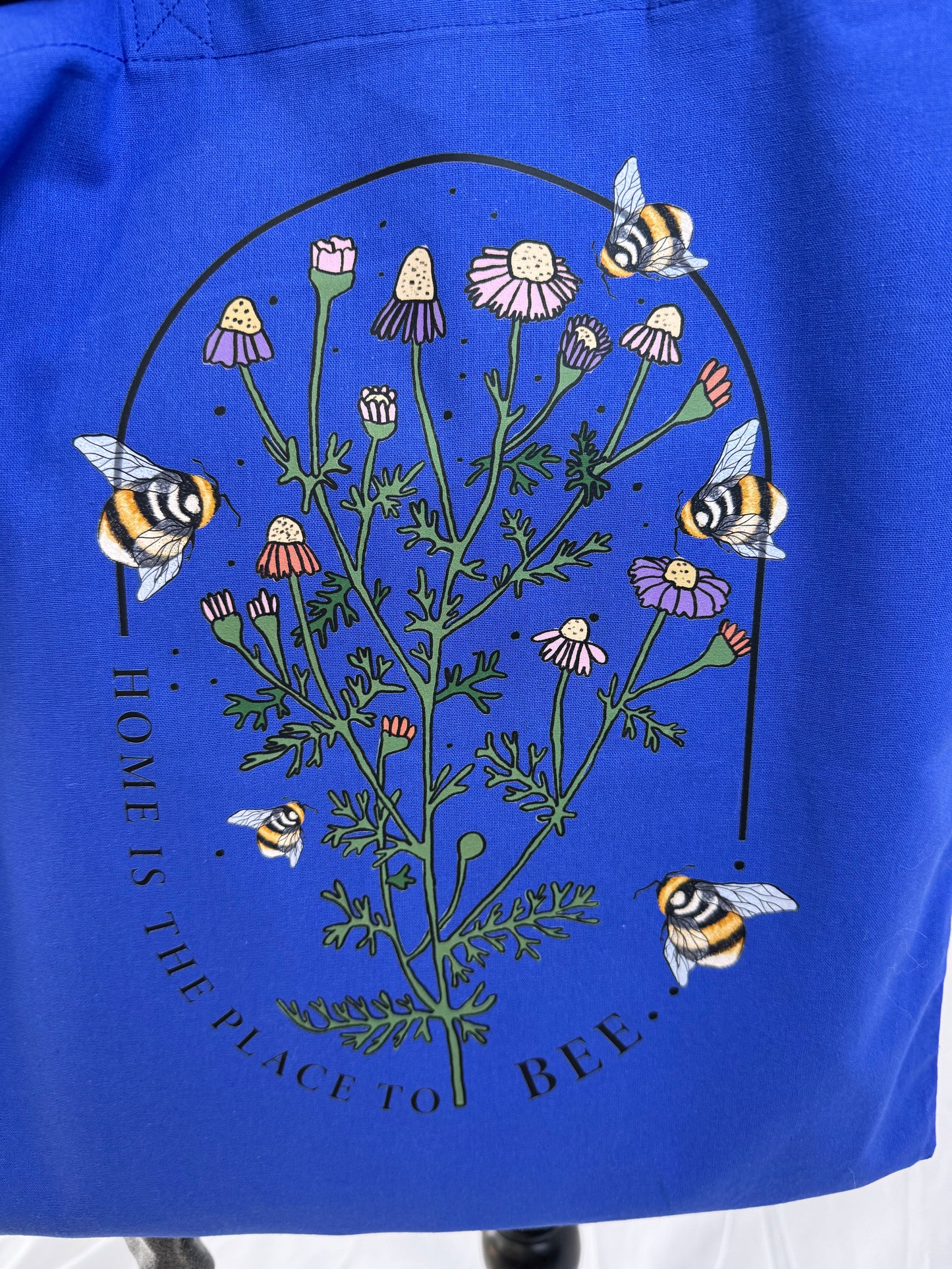 Home Is The Place To Bee Blue Tote Bag, Reusable Grocery Bag With Pretty Floral and Bee Design For Homebodies