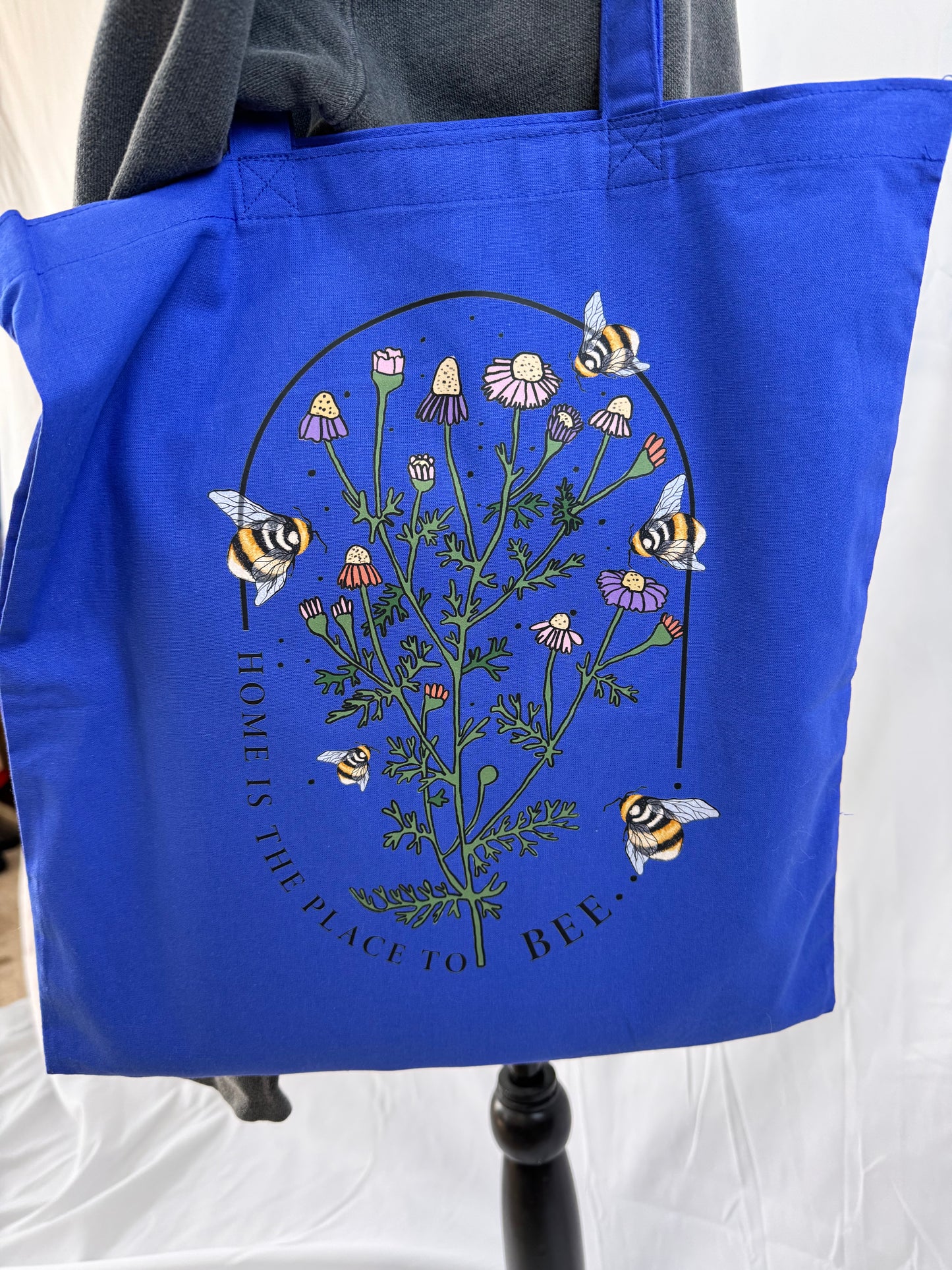 Home Is The Place To Bee Blue Tote Bag, Reusable Grocery Bag With Pretty Floral and Bee Design For Homebodies