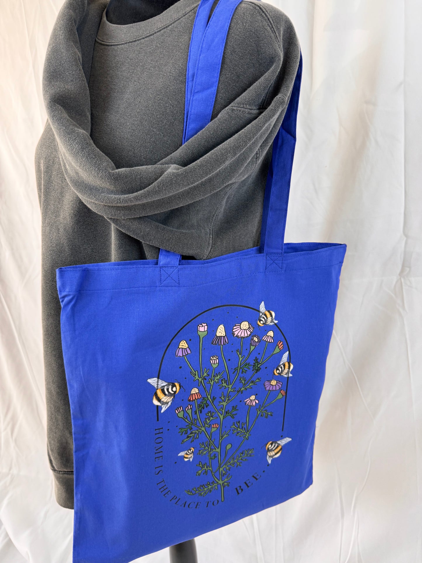 Home Is The Place To Bee Blue Tote Bag, Reusable Grocery Bag With Pretty Floral and Bee Design For Homebodies