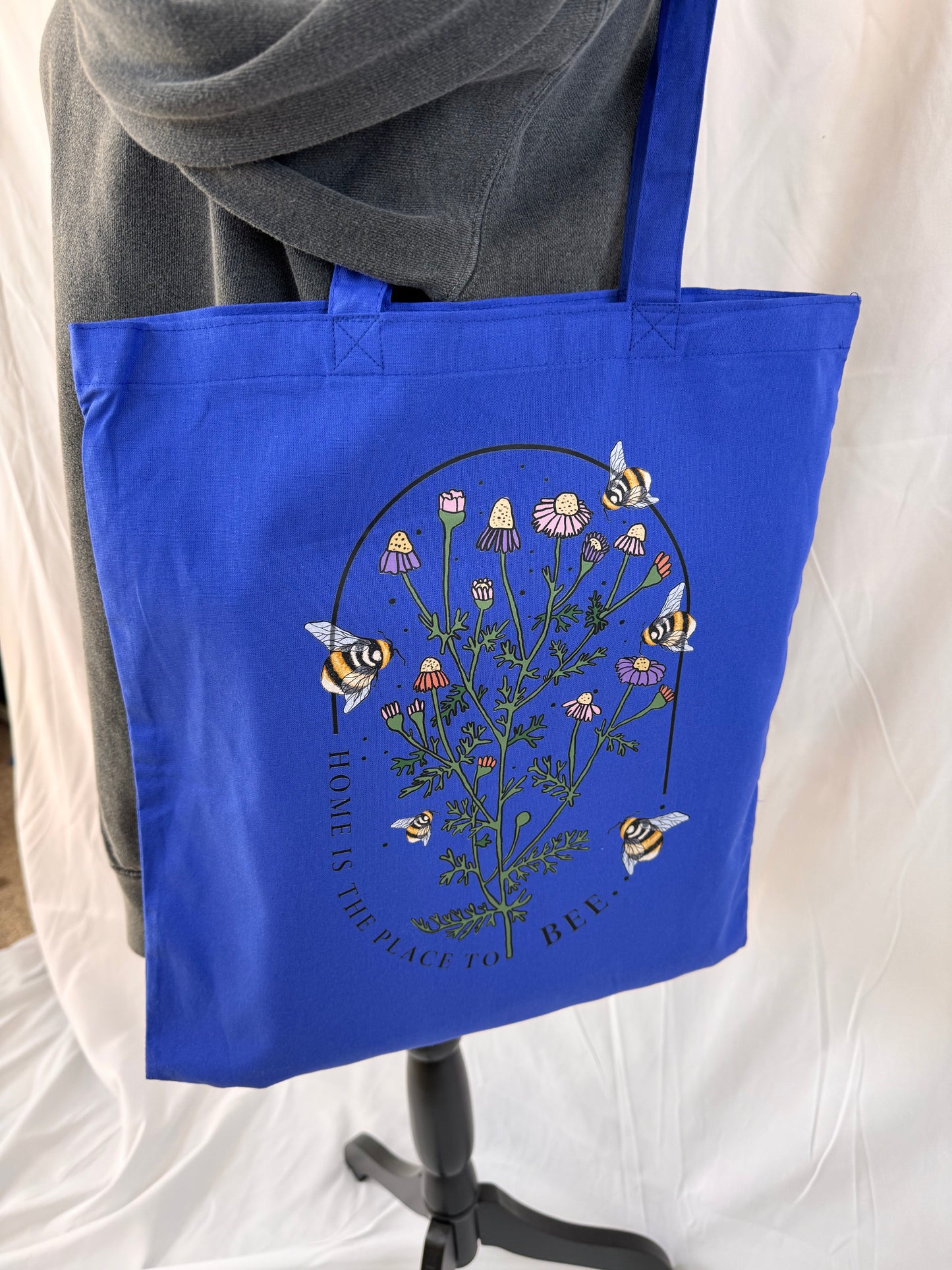 Home Is The Place To Bee Blue Tote Bag, Reusable Grocery Bag With Pretty Floral and Bee Design For Homebodies