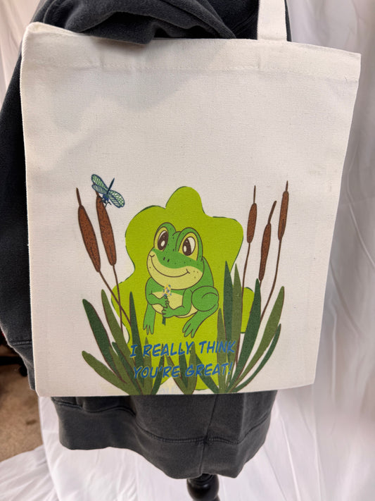 Adorable Tote Bags With Frog and Dragonfly, White Reusable Grocery Bags with Handles for Shopping, Sublimated Art Bag