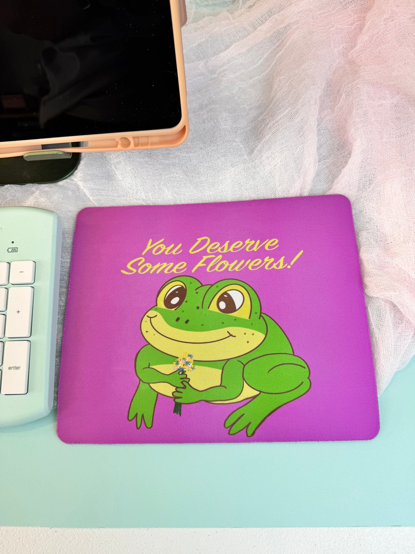 Frog Mouse Mat, Spring and Summertime Decor, Frog With Flower Bouquet, Cute Desk Mouse Pad, You Deserve Flowers