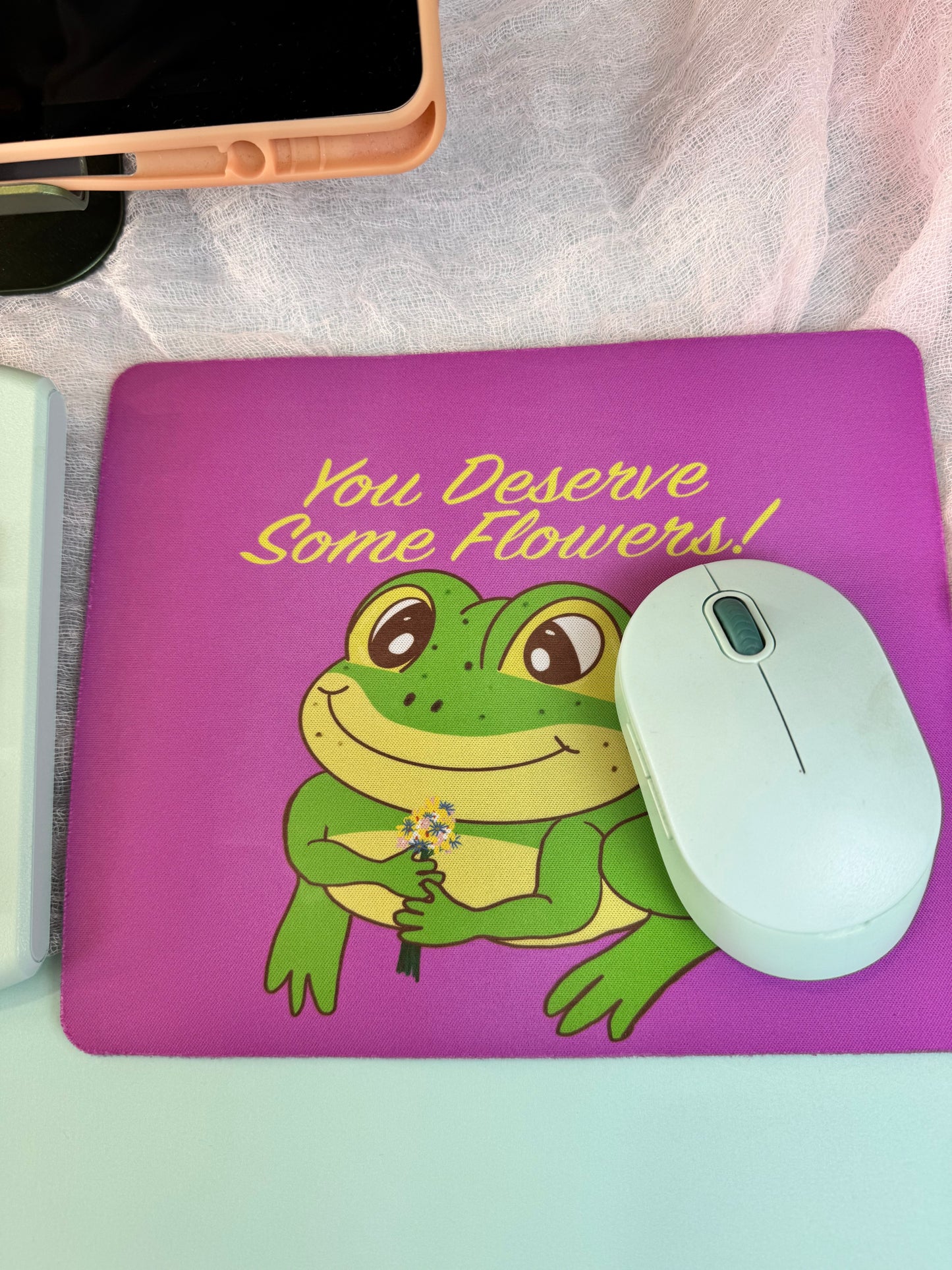 Frog Mouse Mat, Spring and Summertime Decor, Frog With Flower Bouquet, Cute Desk Mouse Pad, You Deserve Flowers
