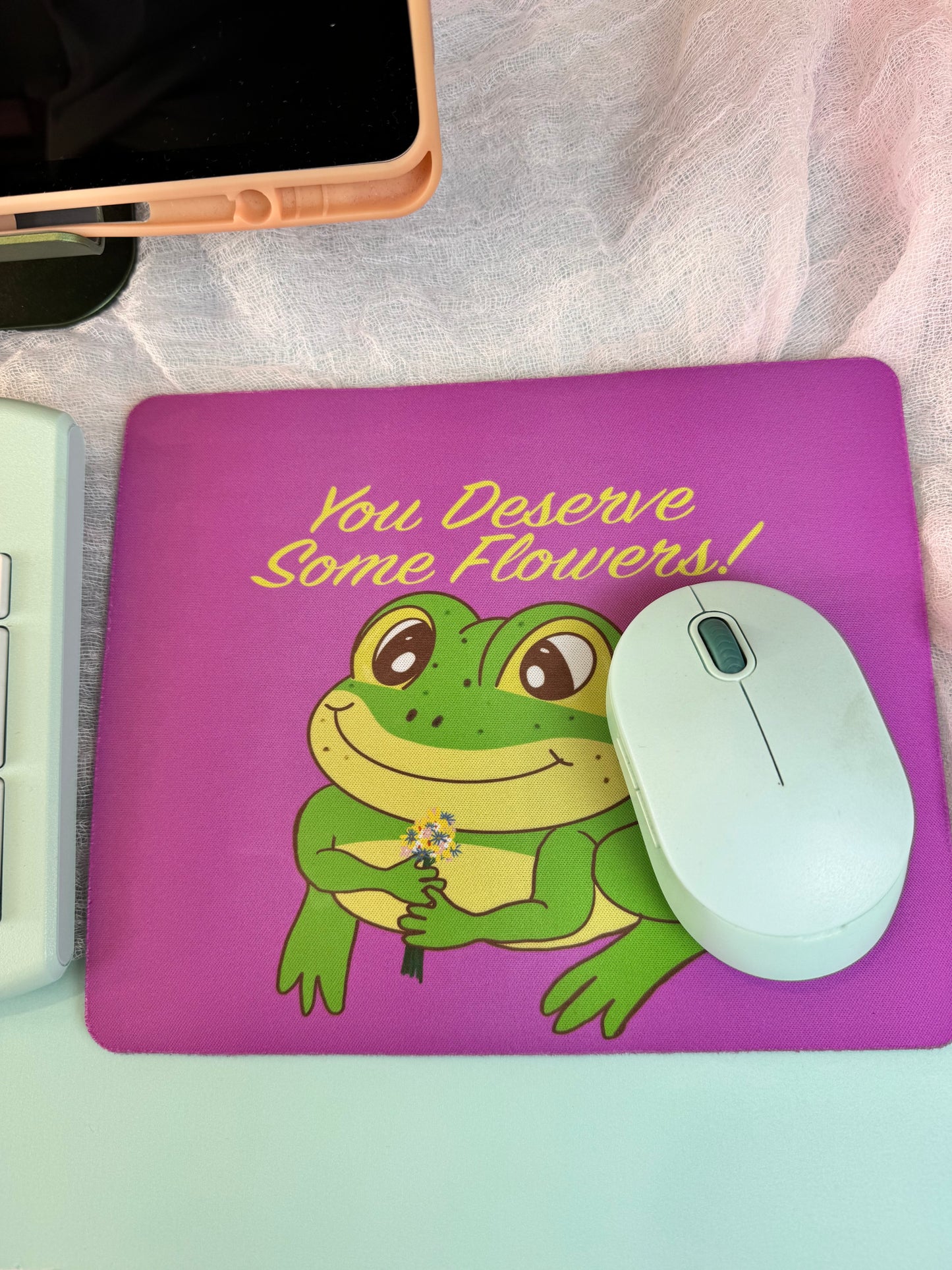 Frog Mouse Mat, Spring and Summertime Decor, Frog With Flower Bouquet, Cute Desk Mouse Pad, You Deserve Flowers