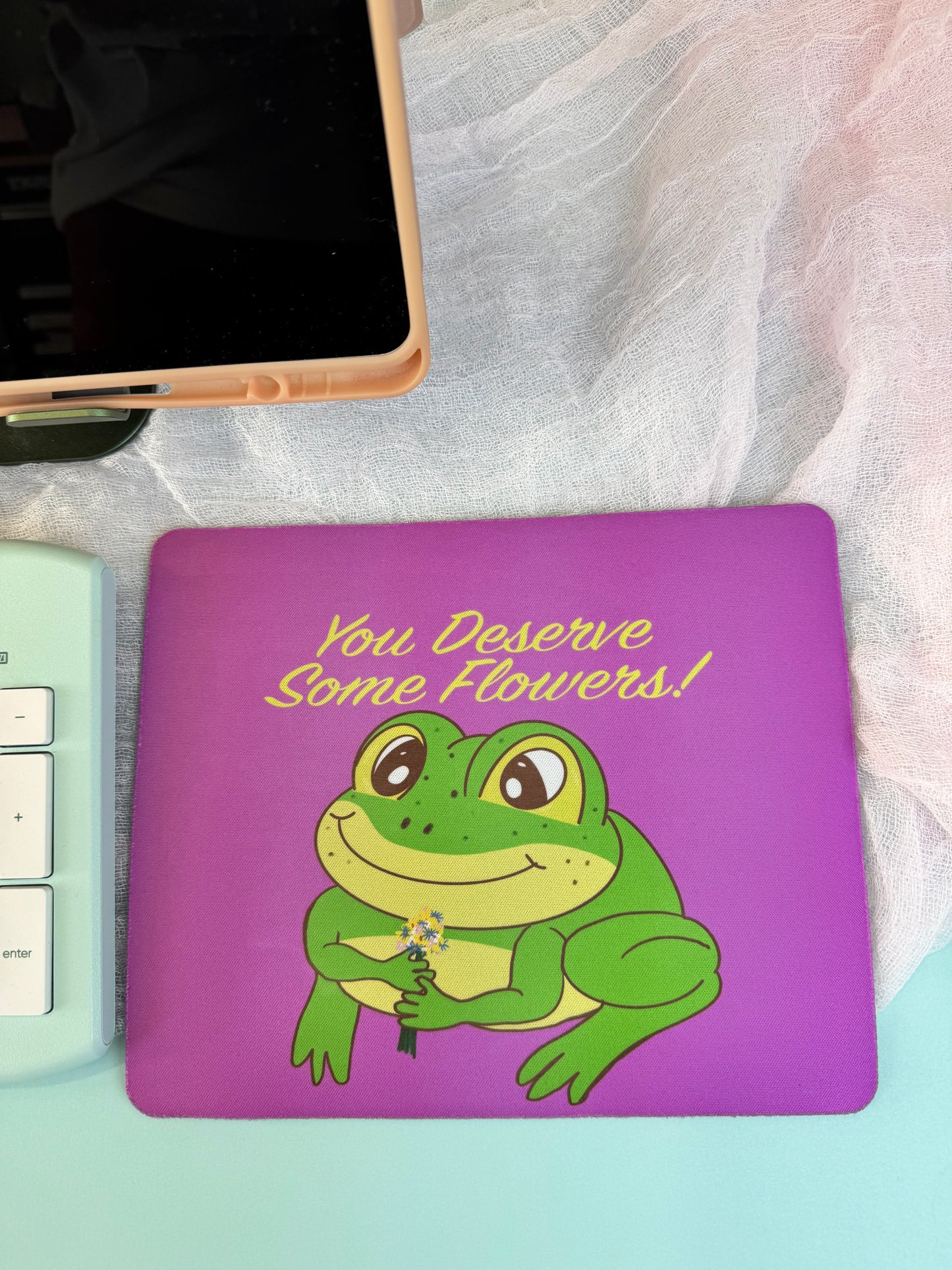 Frog Mouse Mat, Spring and Summertime Decor, Frog With Flower Bouquet, Cute Desk Mouse Pad, You Deserve Flowers