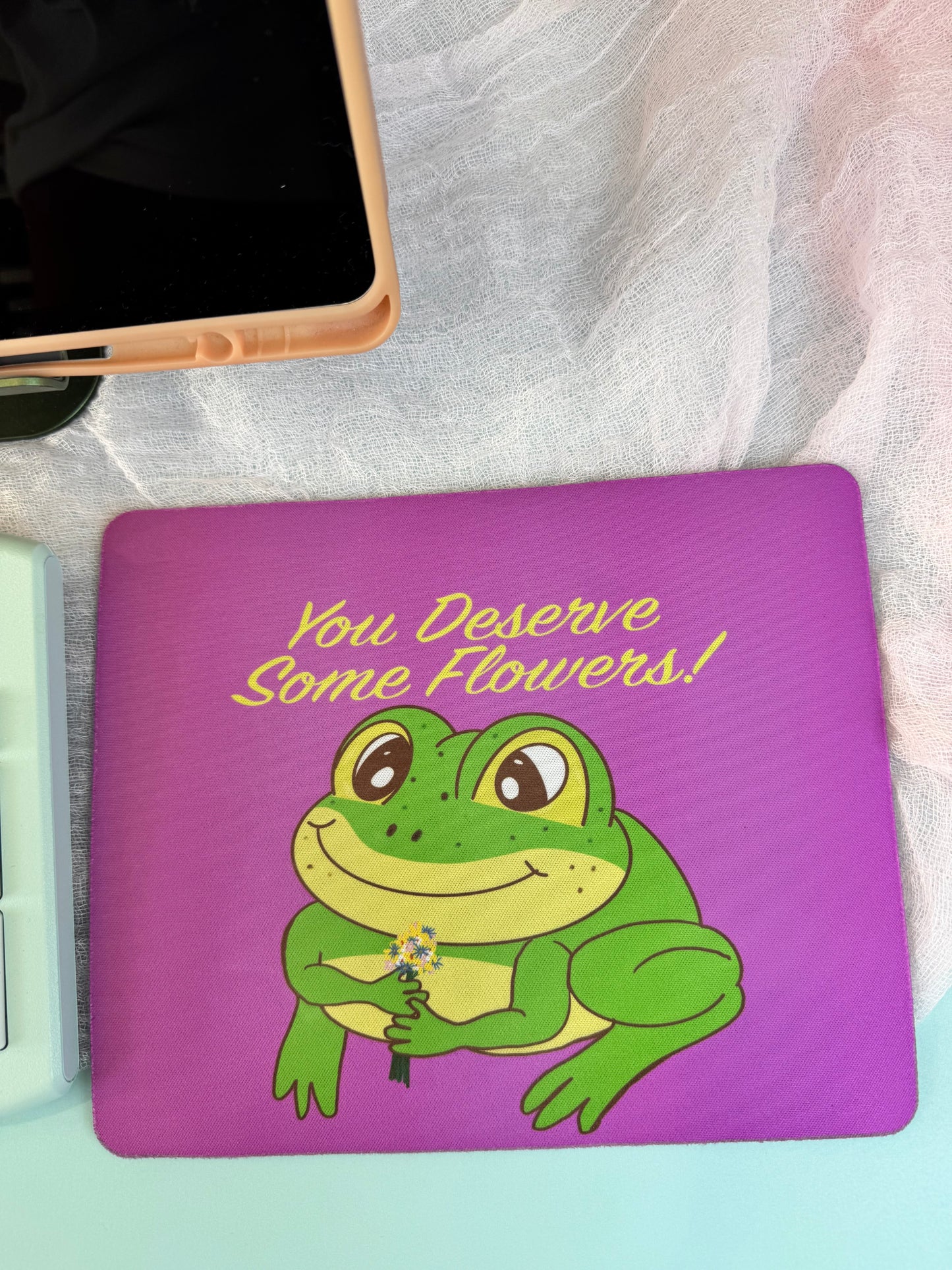 Frog Mouse Mat, Spring and Summertime Decor, Frog With Flower Bouquet, Cute Desk Mouse Pad, You Deserve Flowers