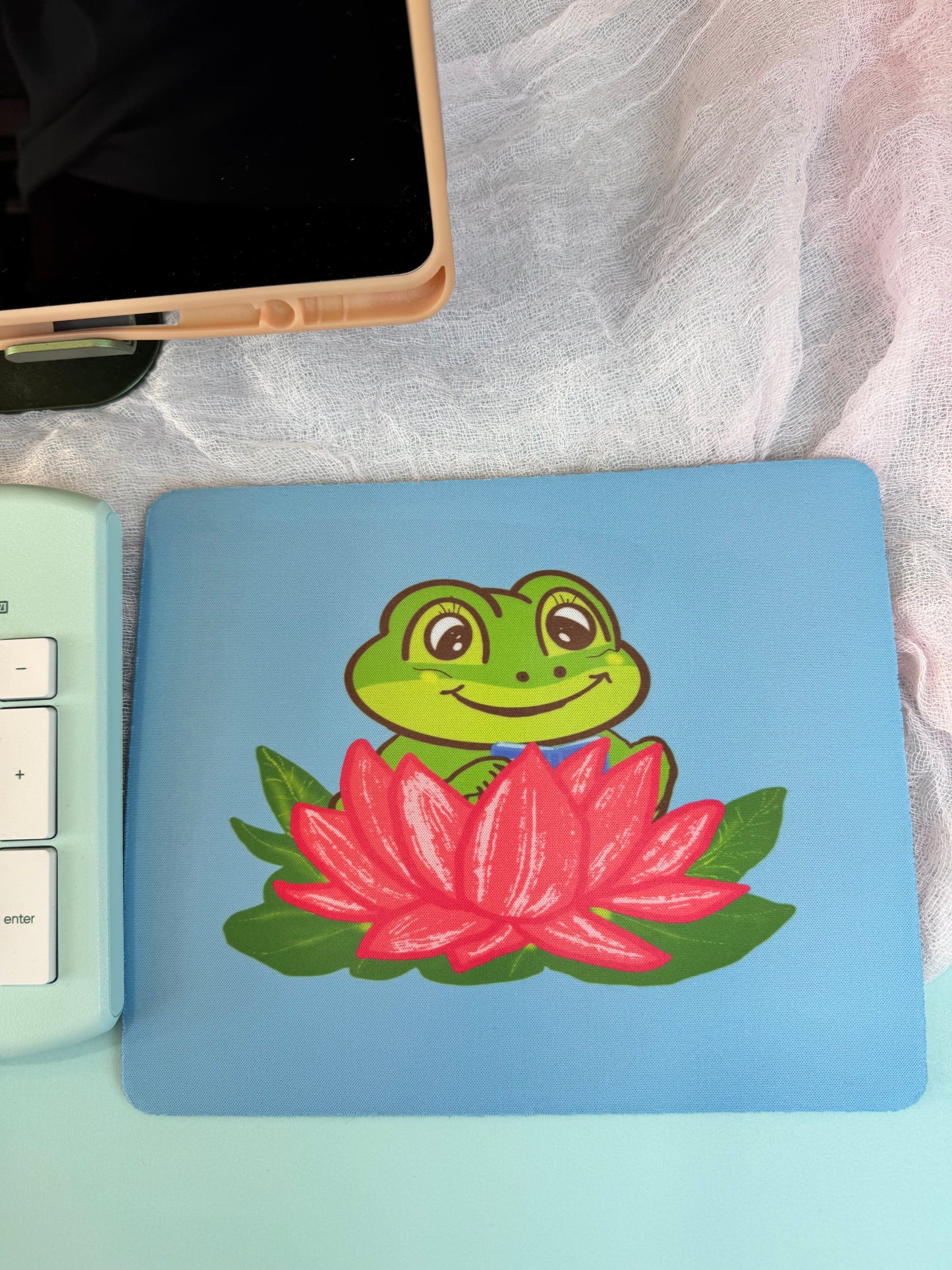 Frog Mouse Mat For Book Lovers, Spring and Summertime Decor, Reading in Gorgeous Pink Lily Pad, Cute Desk Mouse Pad