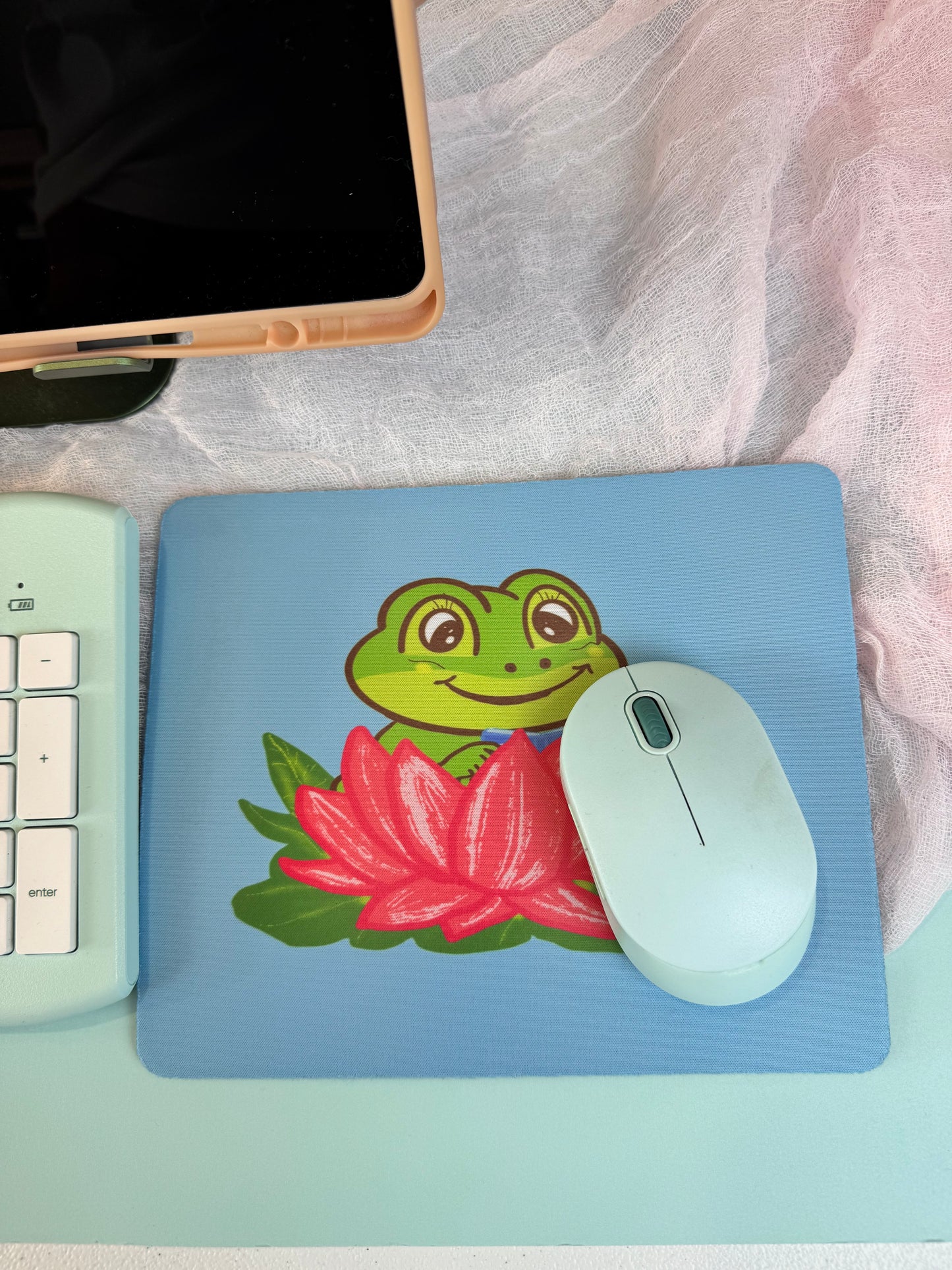 Frog Mouse Mat For Book Lovers, Spring and Summertime Decor, Reading in Gorgeous Pink Lily Pad, Cute Desk Mouse Pad