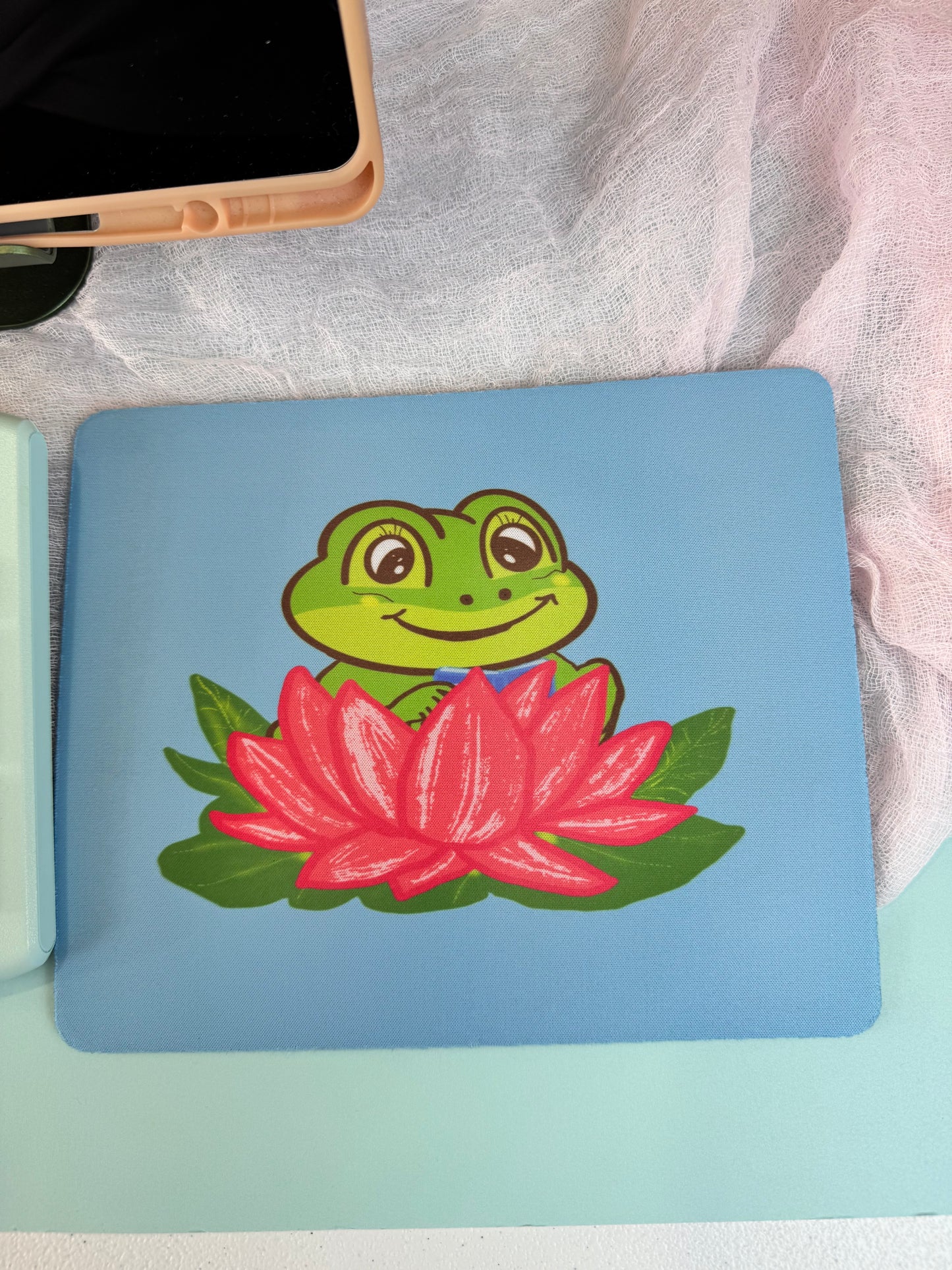 Frog Mouse Mat For Book Lovers, Spring and Summertime Decor, Reading in Gorgeous Pink Lily Pad, Cute Desk Mouse Pad