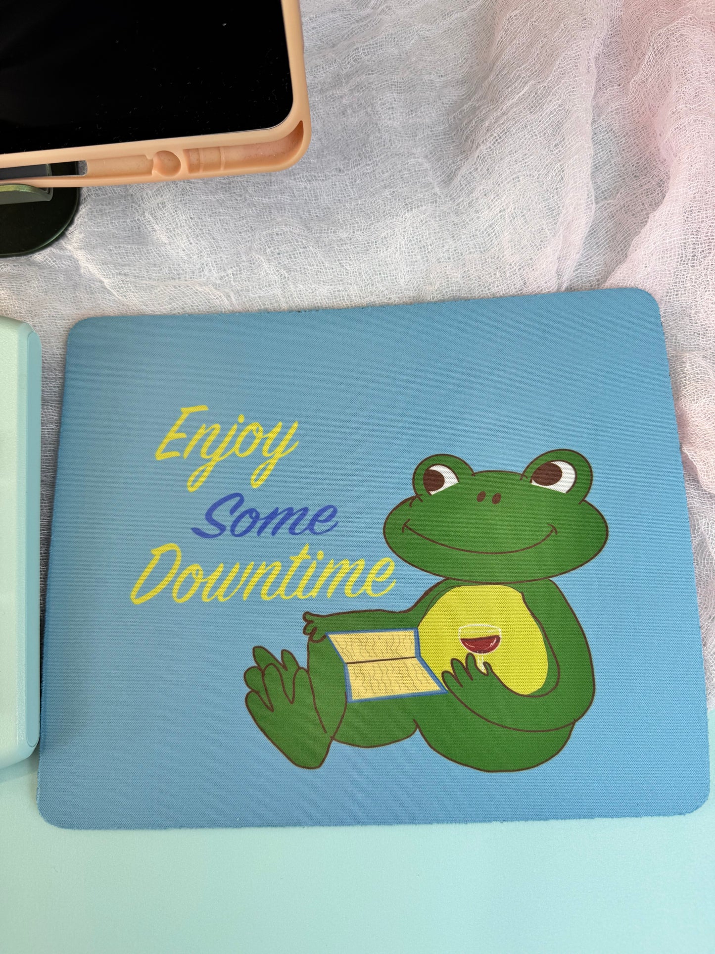 Frog Mouse Mat, Read A Good Book, Enjoy Some Downtime with Red Wine, Spring and Summertime Decor, Cute Desk Mouse Pad