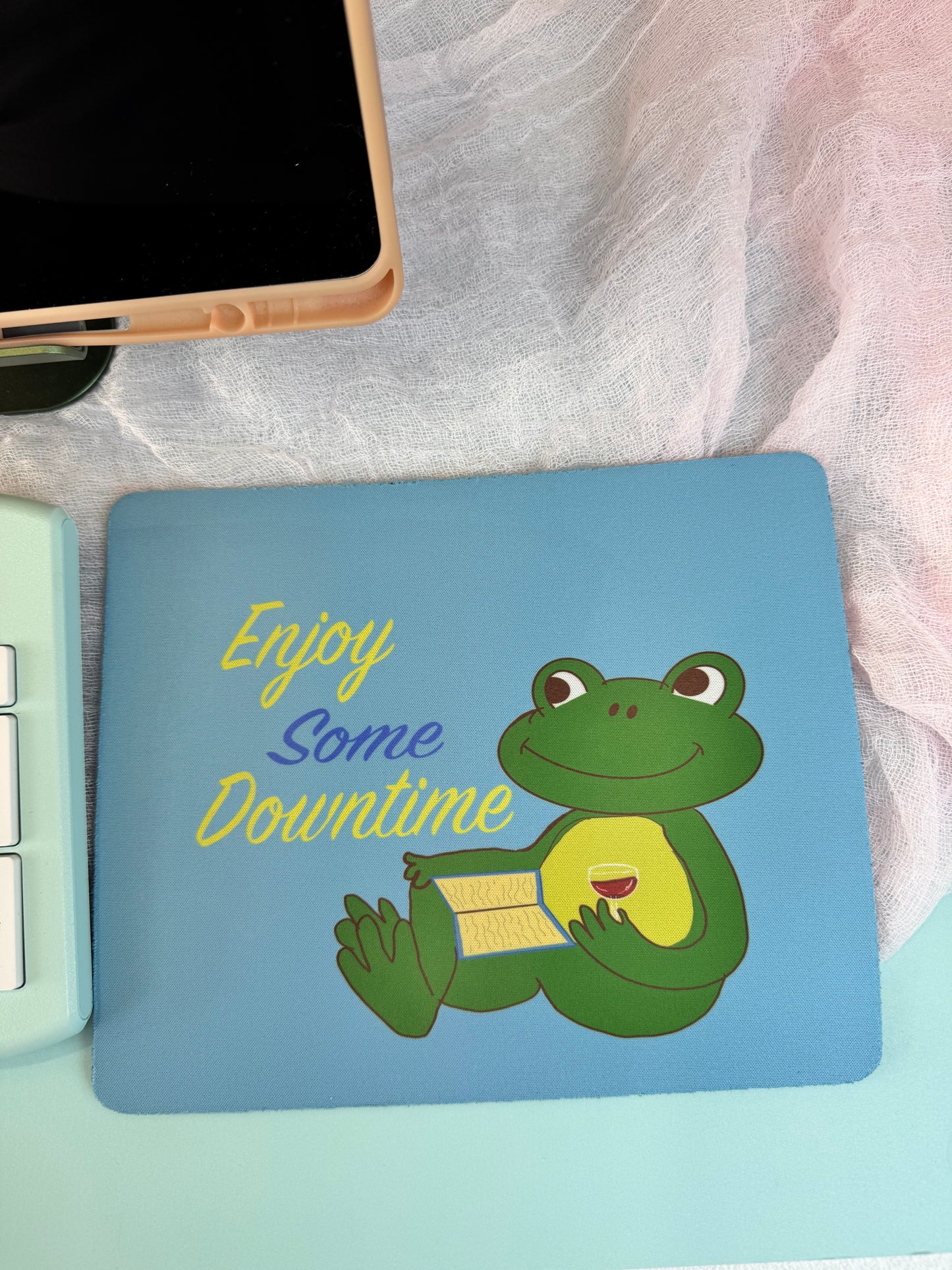 Frog Mouse Mat, Read A Good Book, Enjoy Some Downtime with Red Wine, Spring and Summertime Decor, Cute Desk Mouse Pad