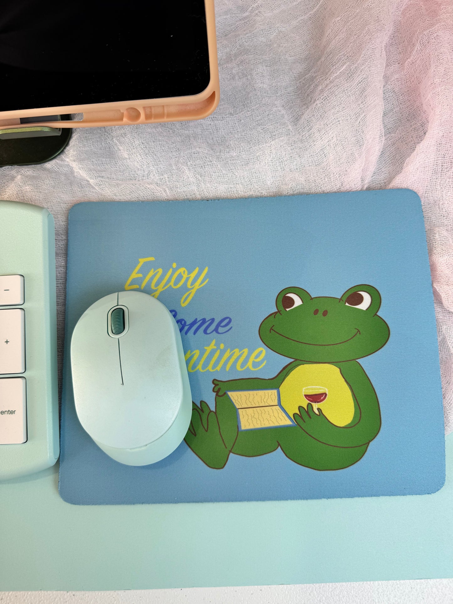 Frog Mouse Mat, Read A Good Book, Enjoy Some Downtime with Red Wine, Spring and Summertime Decor, Cute Desk Mouse Pad