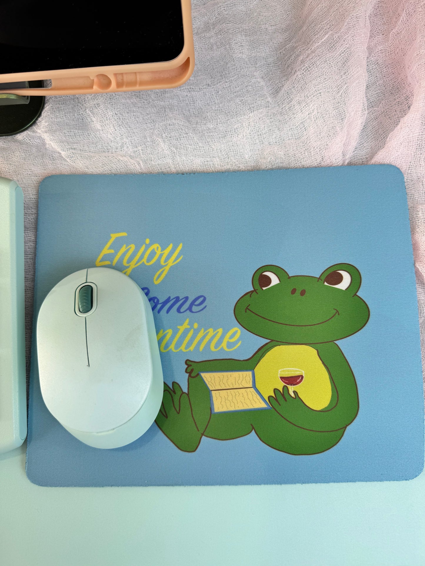 Frog Mouse Mat, Read A Good Book, Enjoy Some Downtime with Red Wine, Spring and Summertime Decor, Cute Desk Mouse Pad