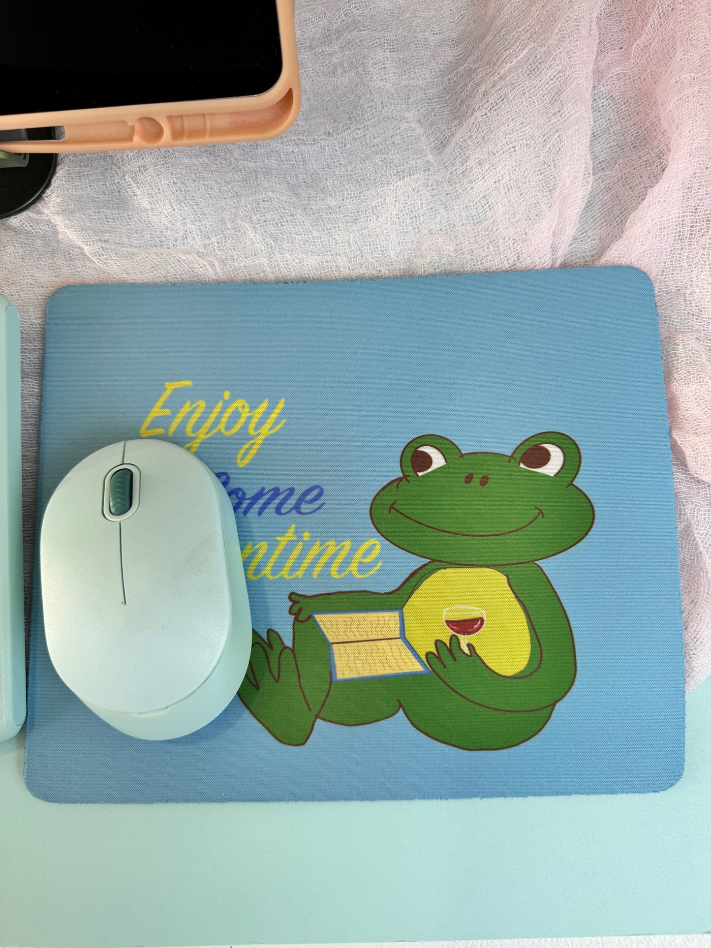 Frog Mouse Mat, Read A Good Book, Enjoy Some Downtime with Red Wine, Spring and Summertime Decor, Cute Desk Mouse Pad