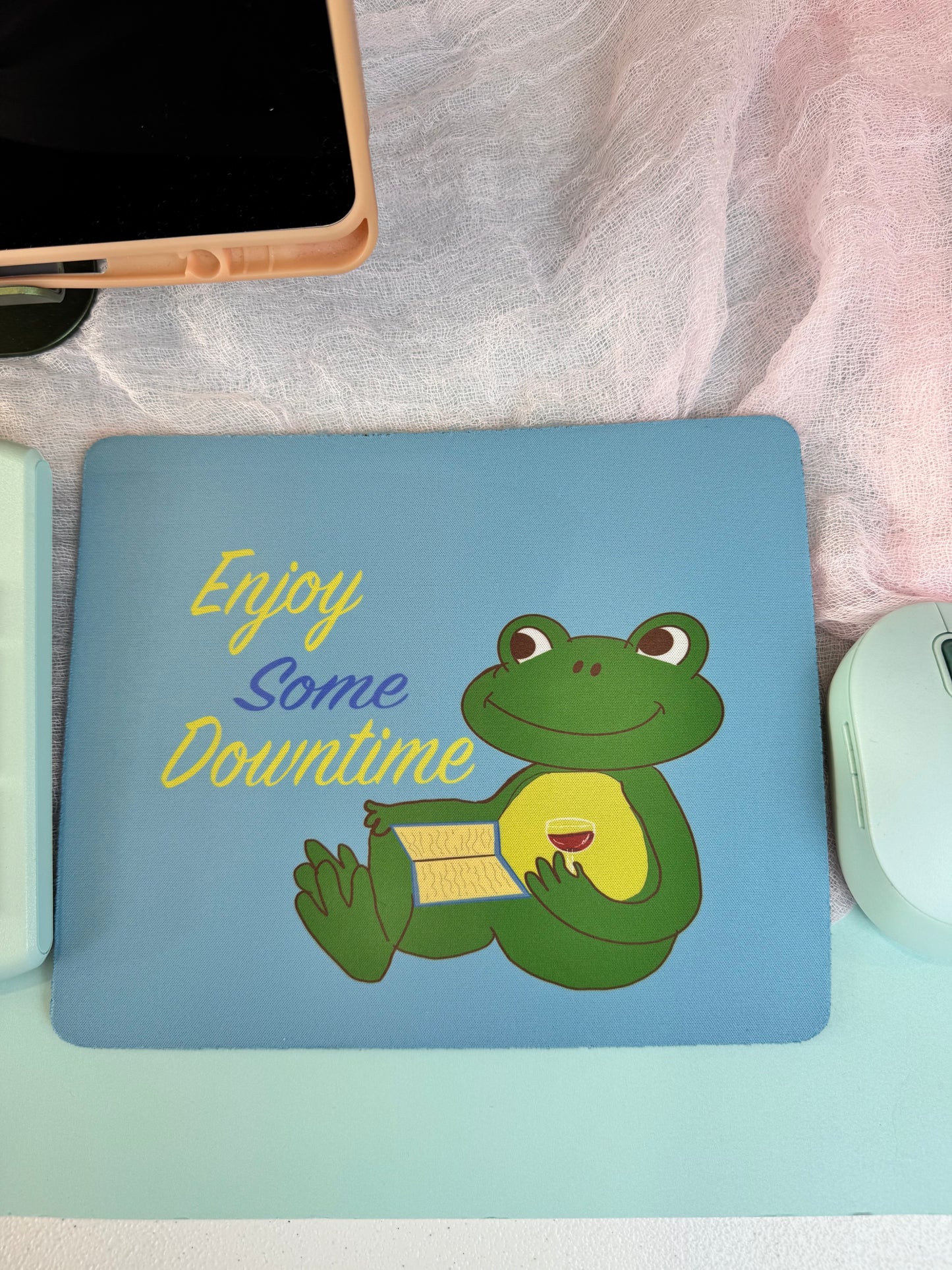 Frog Mouse Mat, Read A Good Book, Enjoy Some Downtime with Red Wine, Spring and Summertime Decor, Cute Desk Mouse Pad