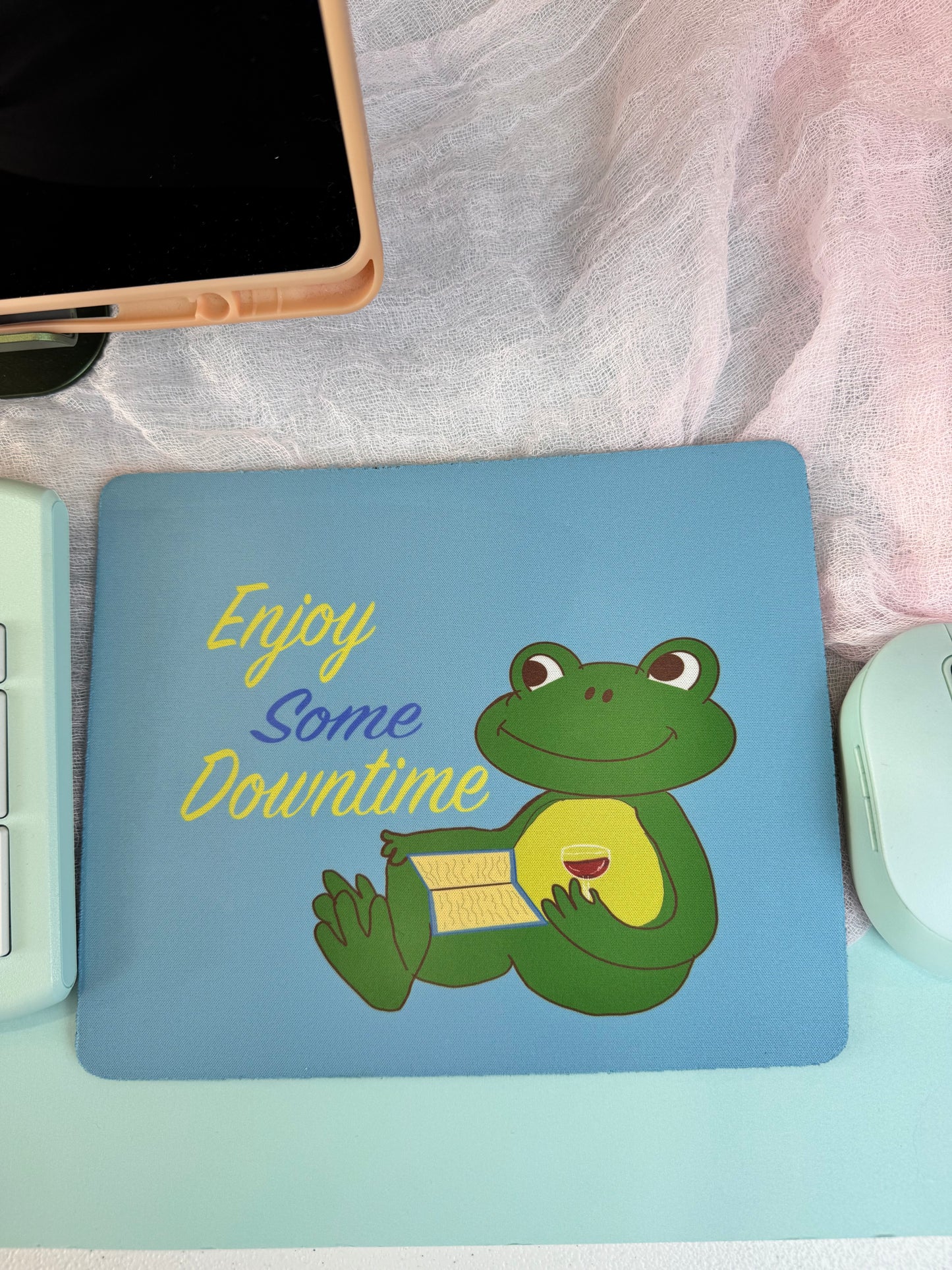 Frog Mouse Mat, Read A Good Book, Enjoy Some Downtime with Red Wine, Spring and Summertime Decor, Cute Desk Mouse Pad