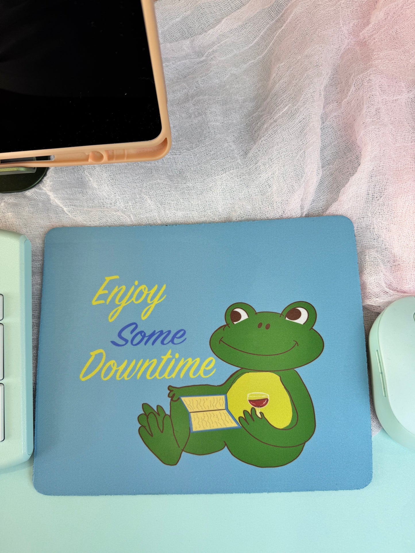 Frog Mouse Mat, Read A Good Book, Enjoy Some Downtime with Red Wine, Spring and Summertime Decor, Cute Desk Mouse Pad