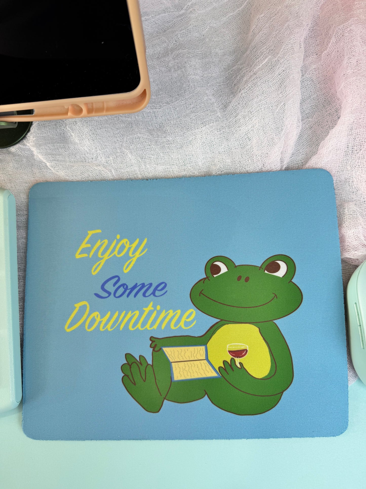 Frog Mouse Mat, Read A Good Book, Enjoy Some Downtime with Red Wine, Spring and Summertime Decor, Cute Desk Mouse Pad