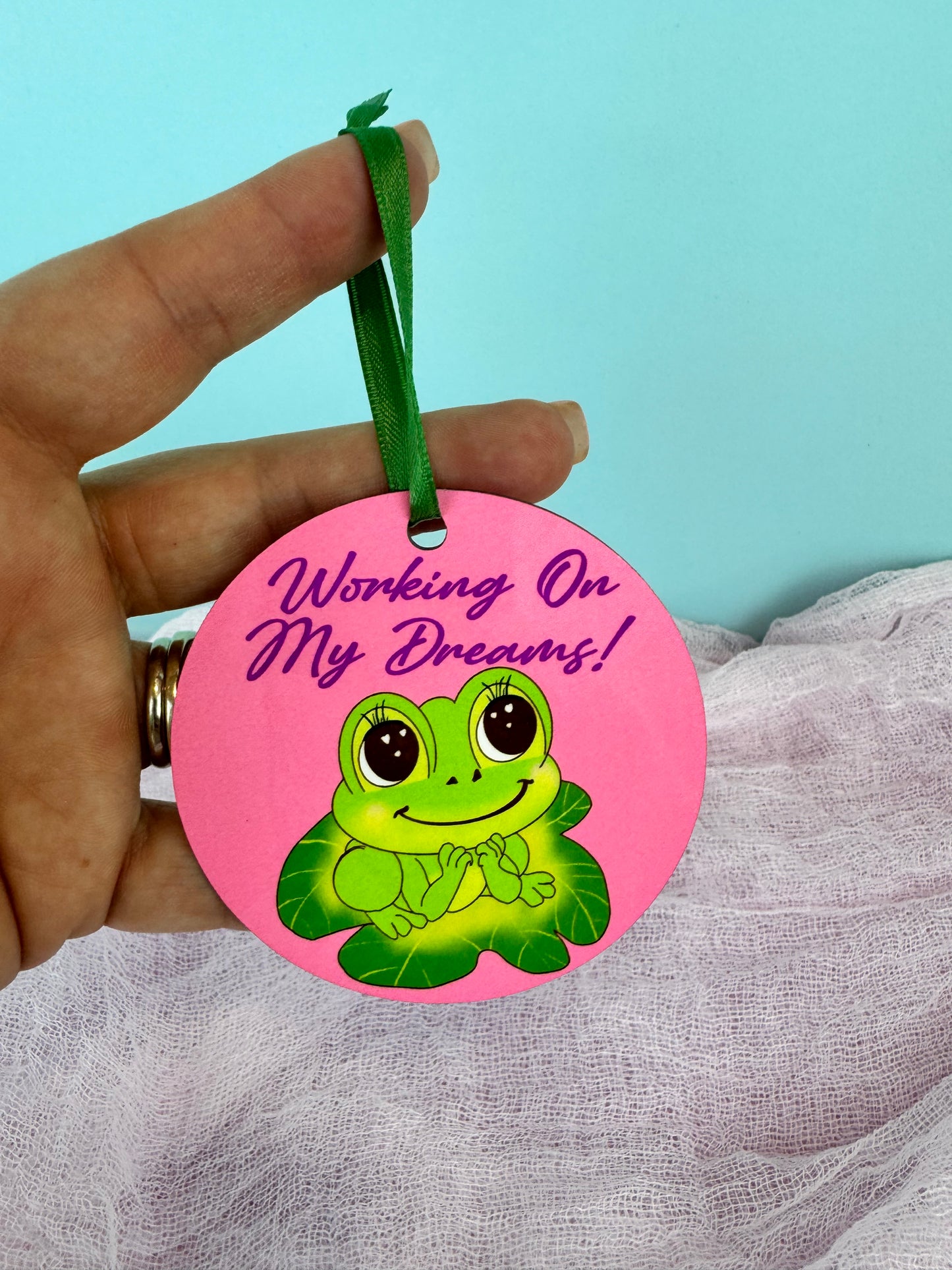 Frog Ornament For Small Business Owner, Colorful Decor, Working On My Dreams, Cute Tree Hanging Wooden Ornament