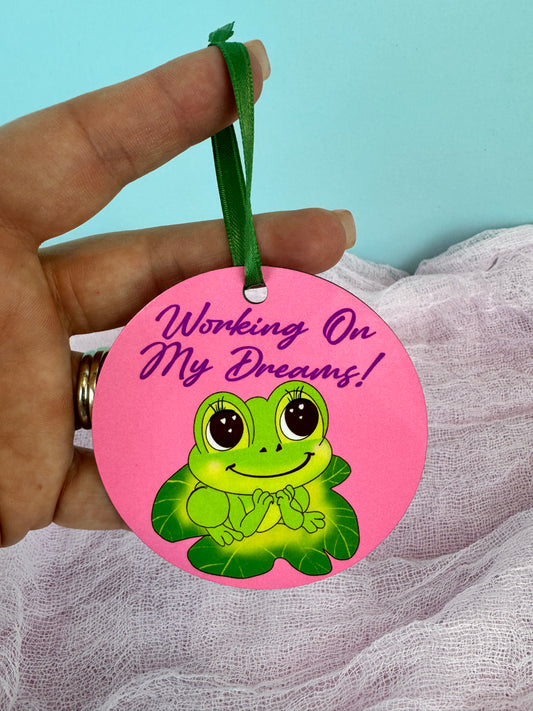 Frog Ornament For Small Business Owner, Colorful Decor, Working On My Dreams, Cute Tree Hanging Wooden Ornament