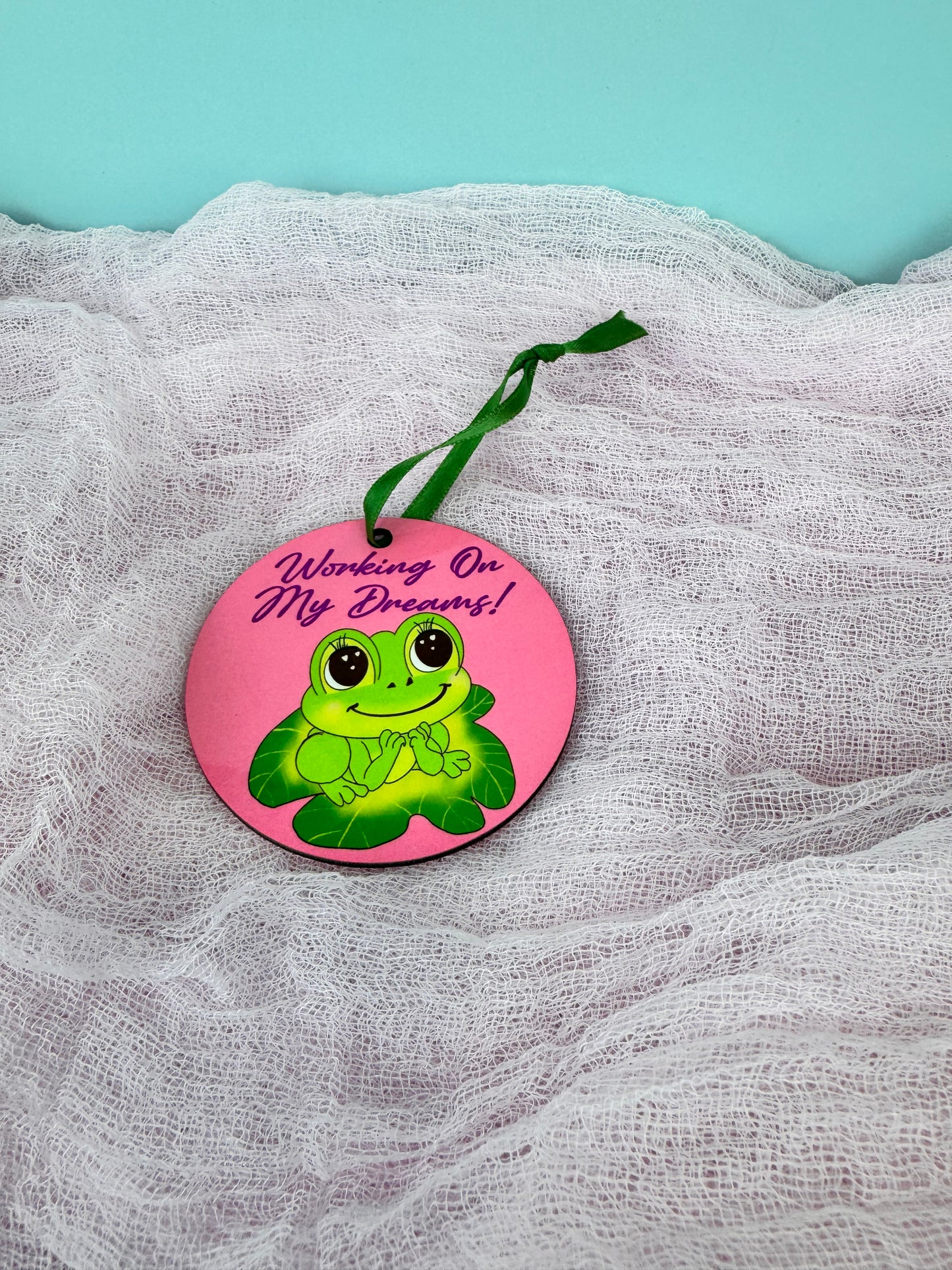 Frog Ornament For Small Business Owner, Colorful Decor, Working On My Dreams, Cute Tree Hanging Wooden Ornament