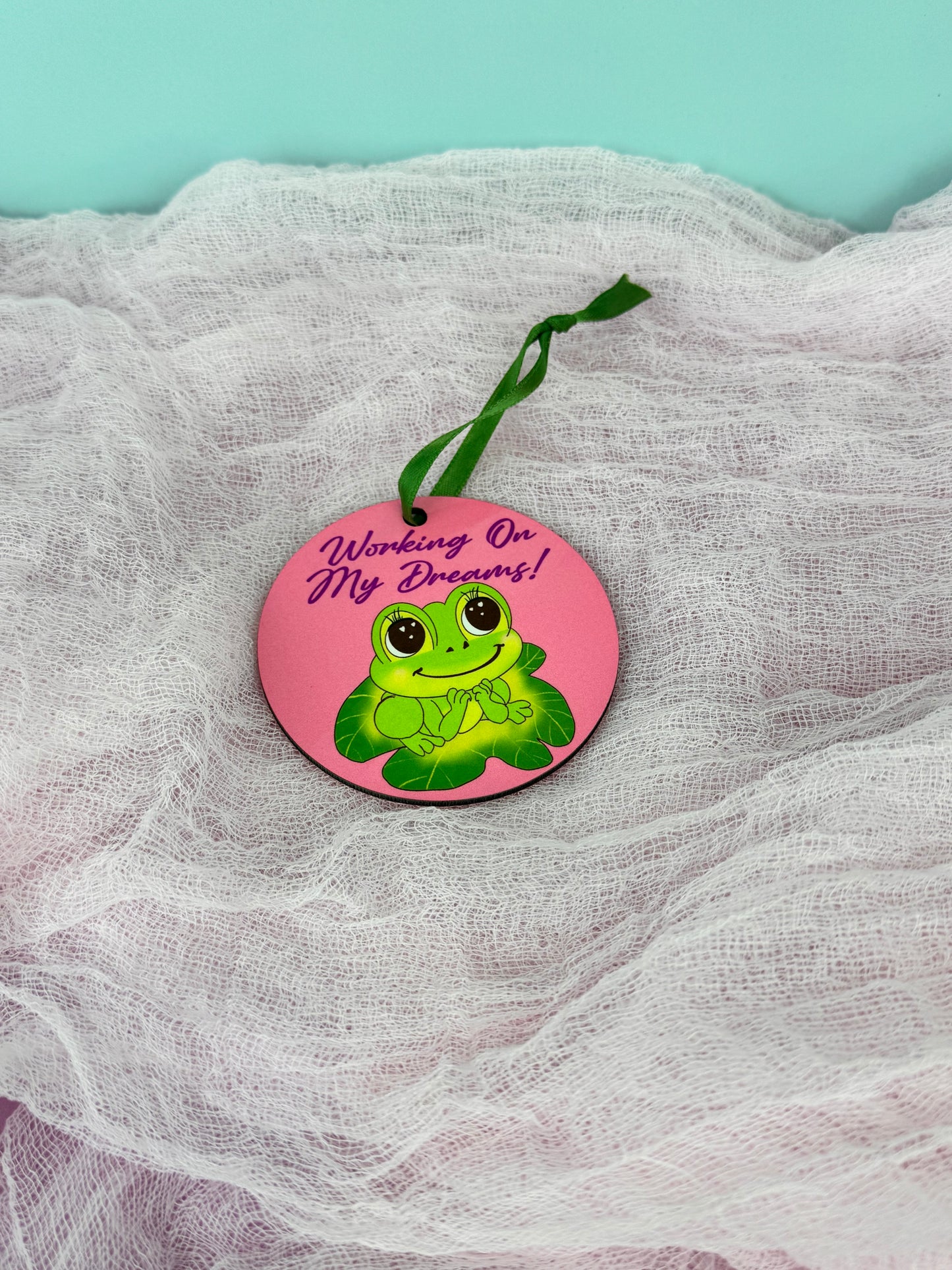 Frog Ornament For Small Business Owner, Colorful Decor, Working On My Dreams, Cute Tree Hanging Wooden Ornament
