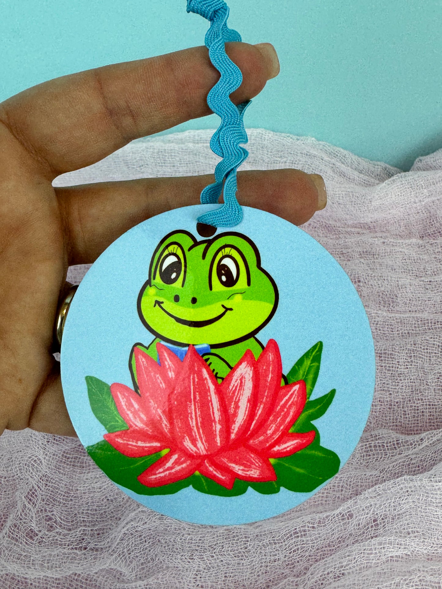 Frog Ornaments, Frog Reading in a pretty pink lily pad, MDF Wooden Tree Ornament