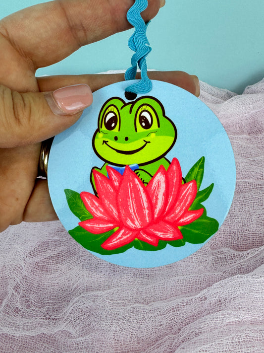Frog Ornaments, Frog Reading in a pretty pink lily pad, MDF Wooden Tree Ornament