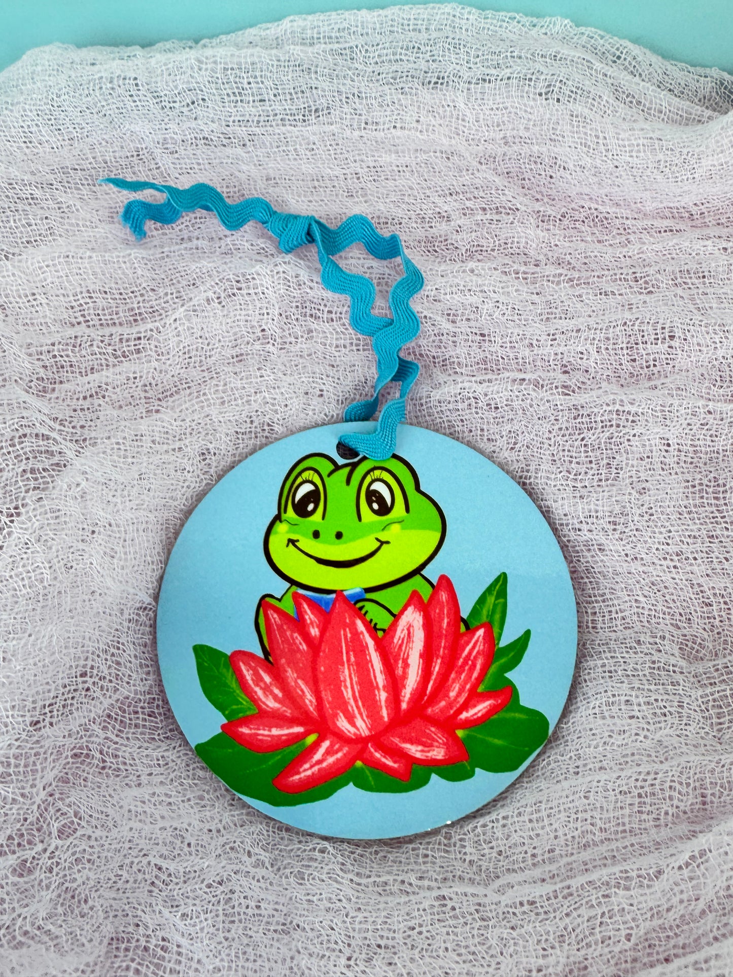 Frog Ornaments, Frog Reading in a pretty pink lily pad, MDF Wooden Tree Ornament