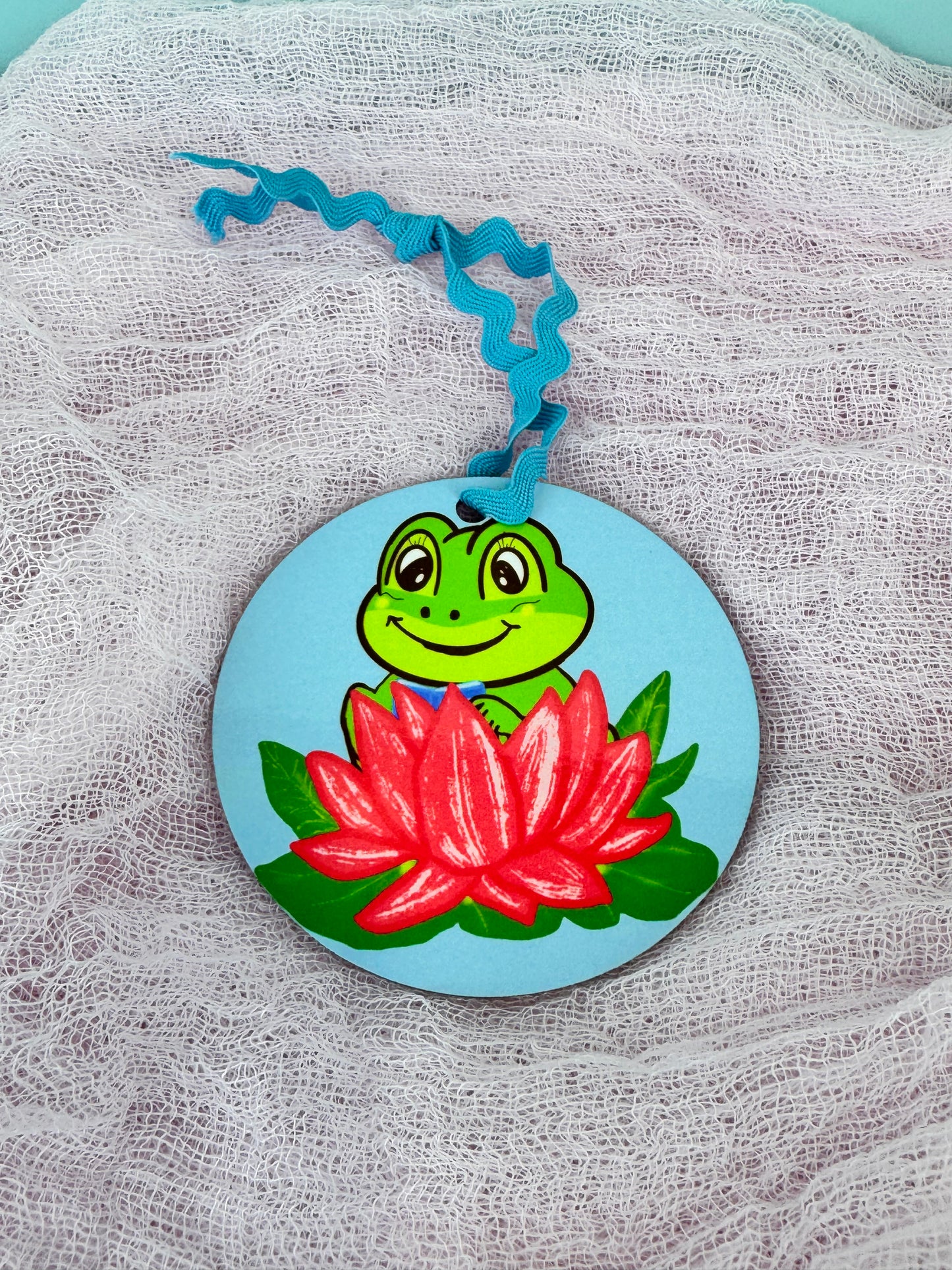 Frog Ornaments, Frog Reading in a pretty pink lily pad, MDF Wooden Tree Ornament
